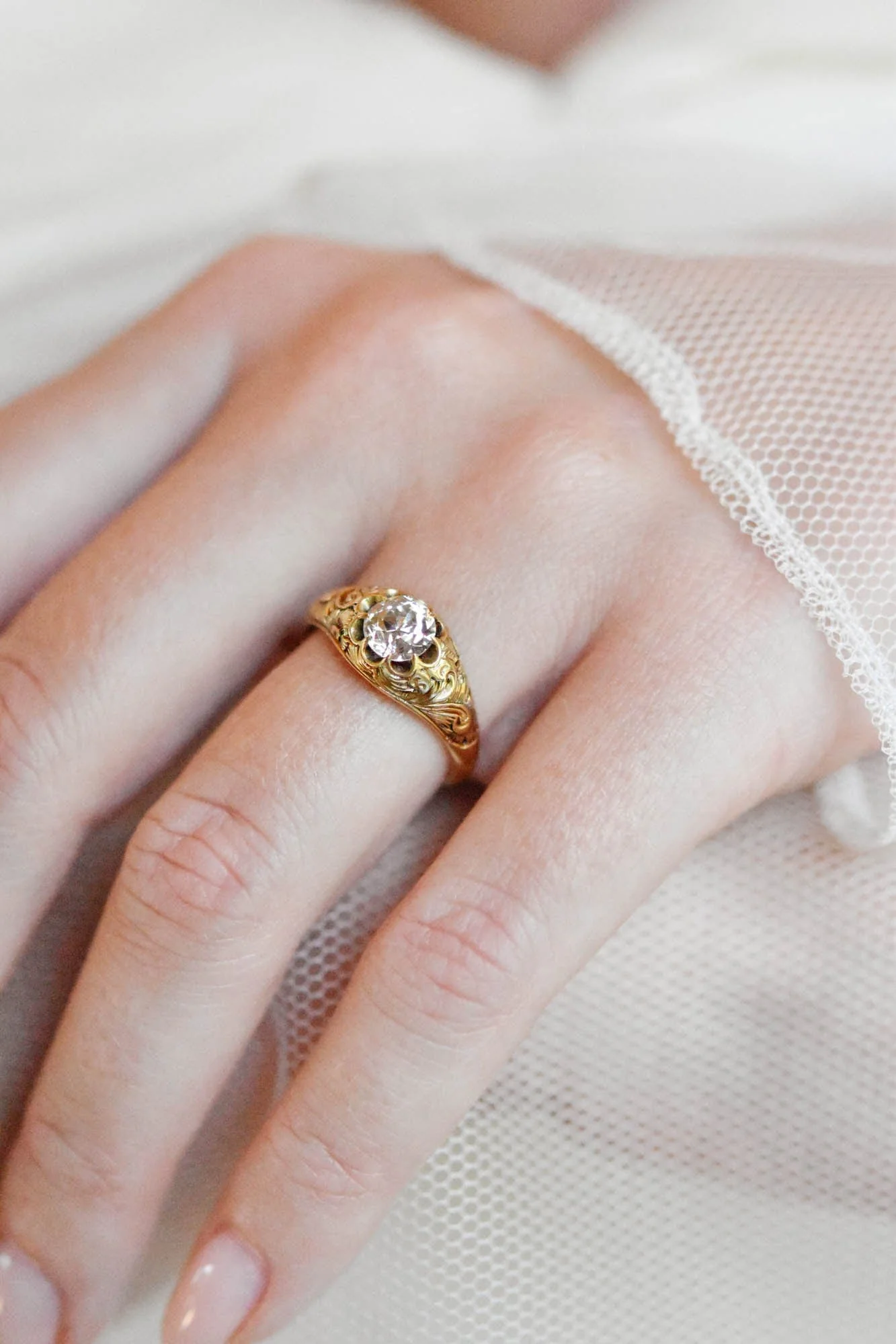 Victorian .90 Carat Engraved Belcher Carved Gold Belcher Antique Engagement Ring - Image 6