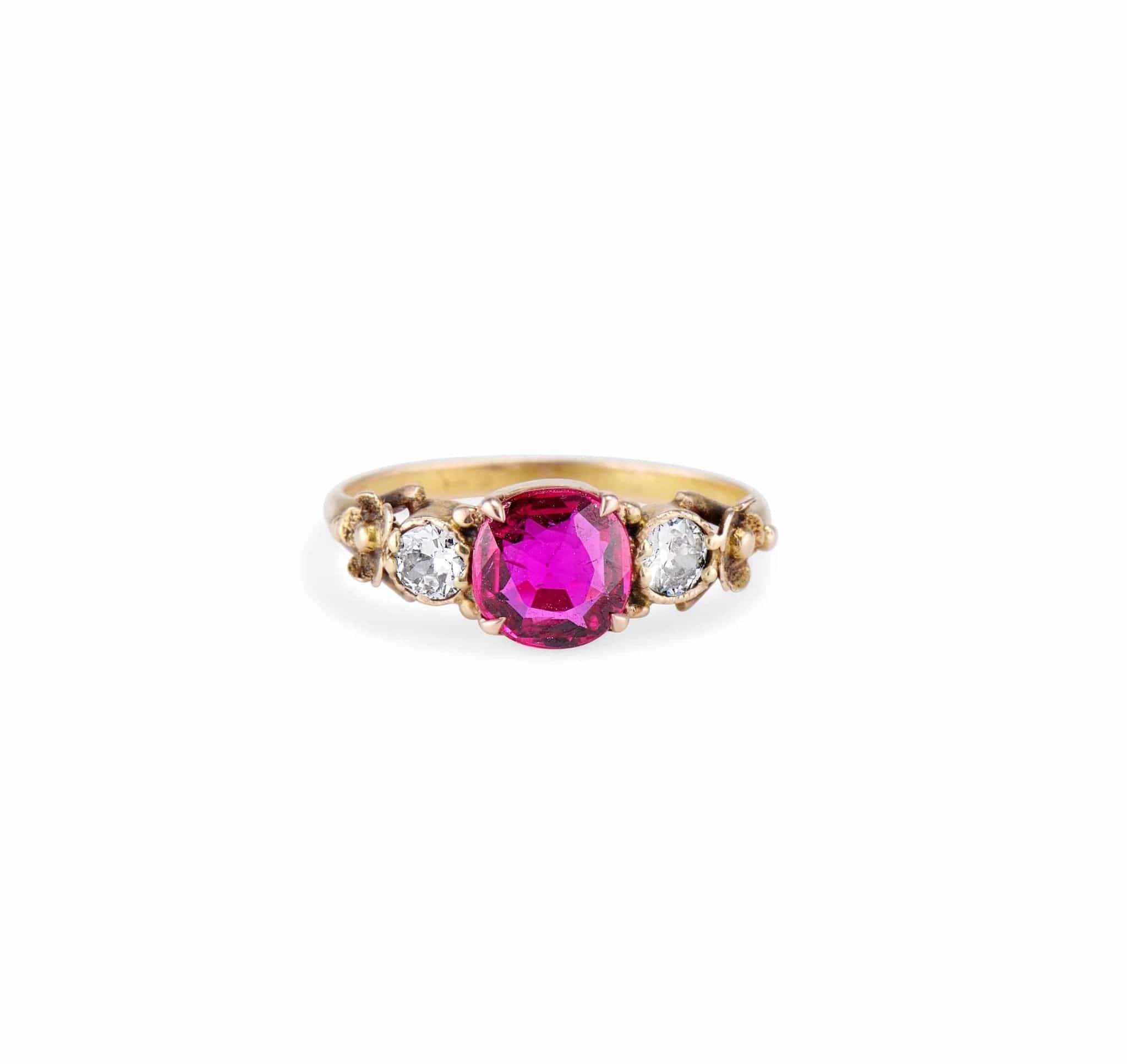 Victorian .98 Carat Cushion Cut Ruby and Diamond Engagement Ring - Image 2
