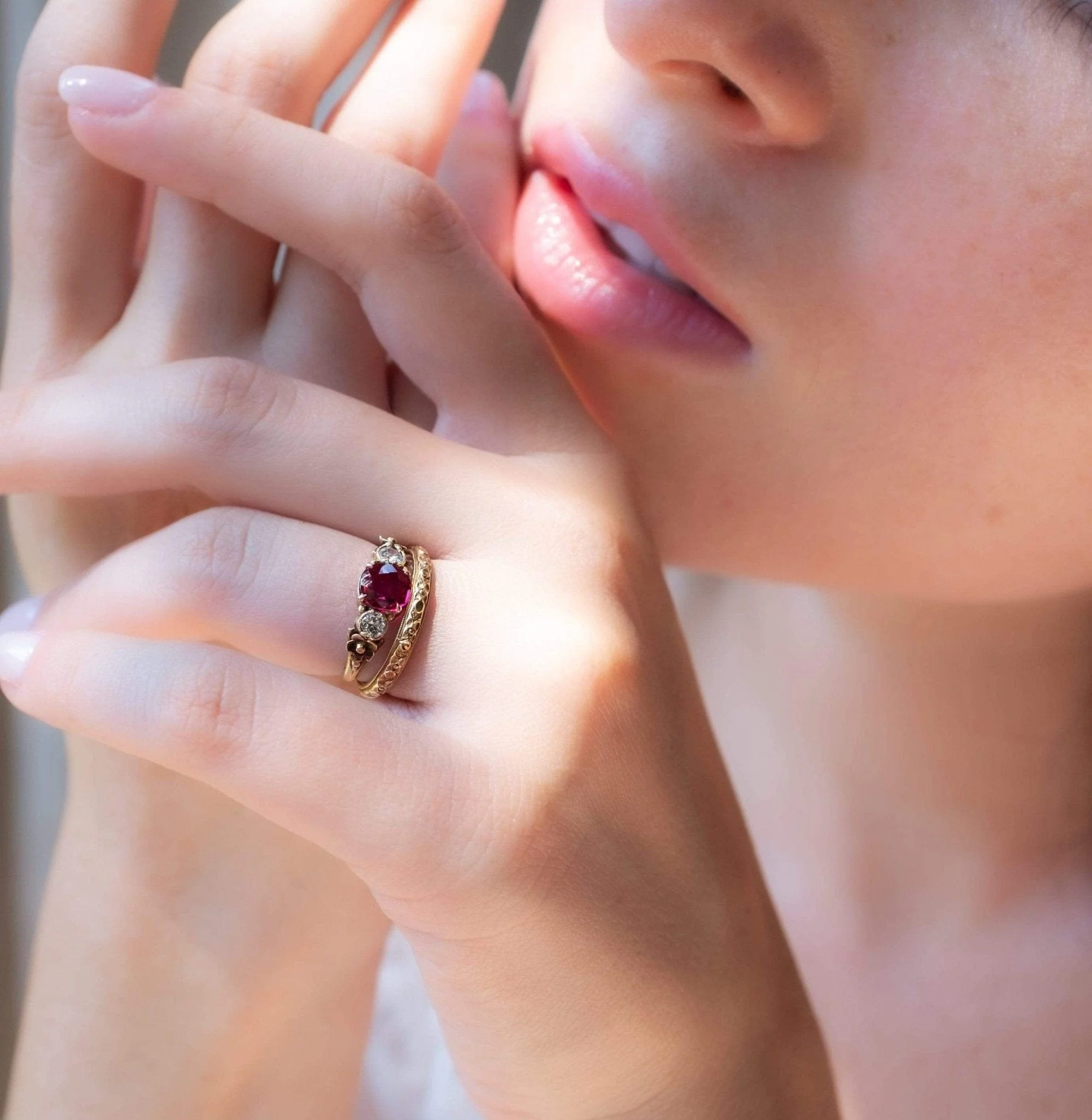 Victorian .98 Carat Cushion Cut Ruby and Diamond Engagement Ring - Image 5