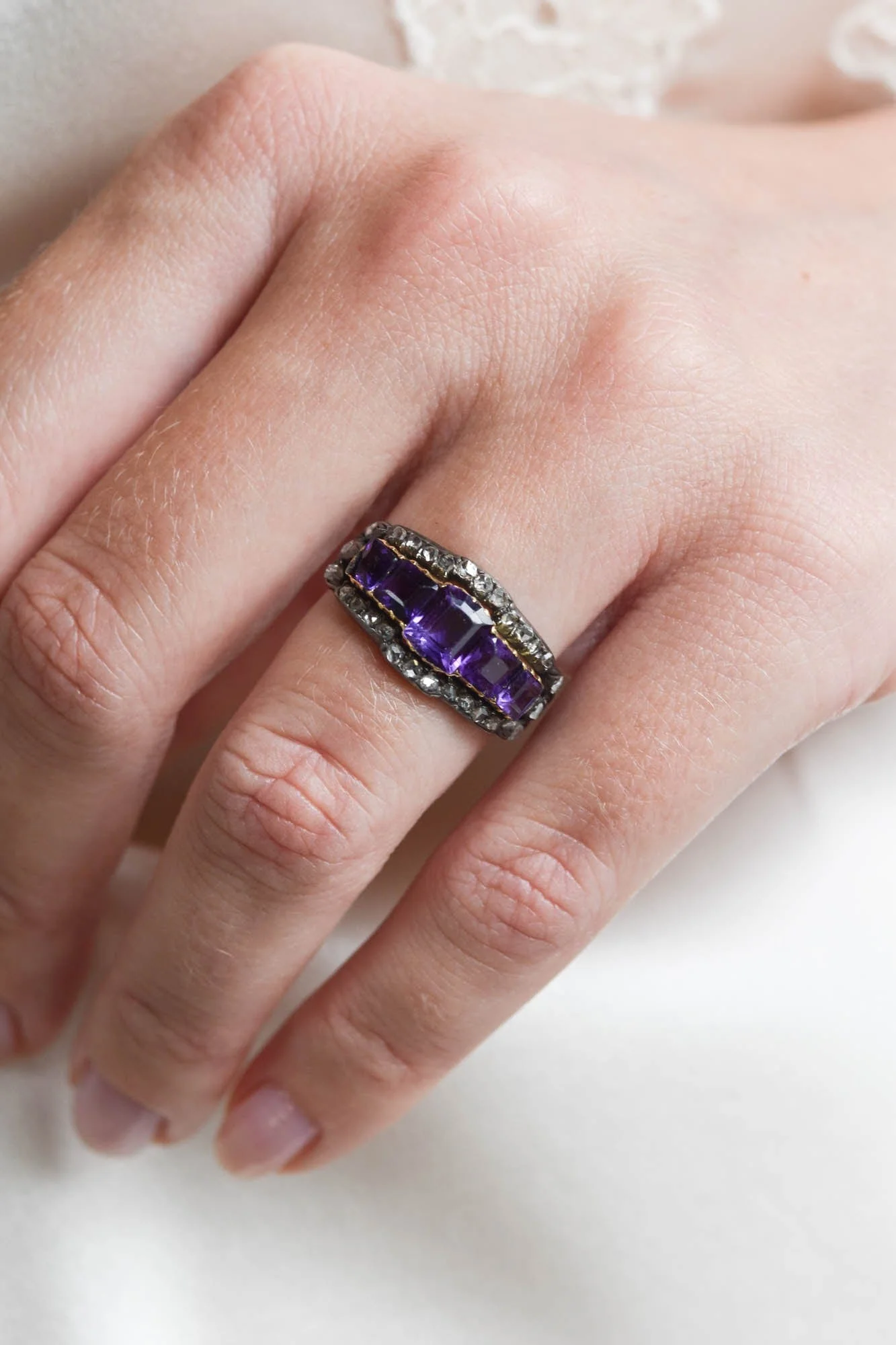 Victorian Amethyst & Rose Cut Diamond Five Stone Antique Ring - Image 2