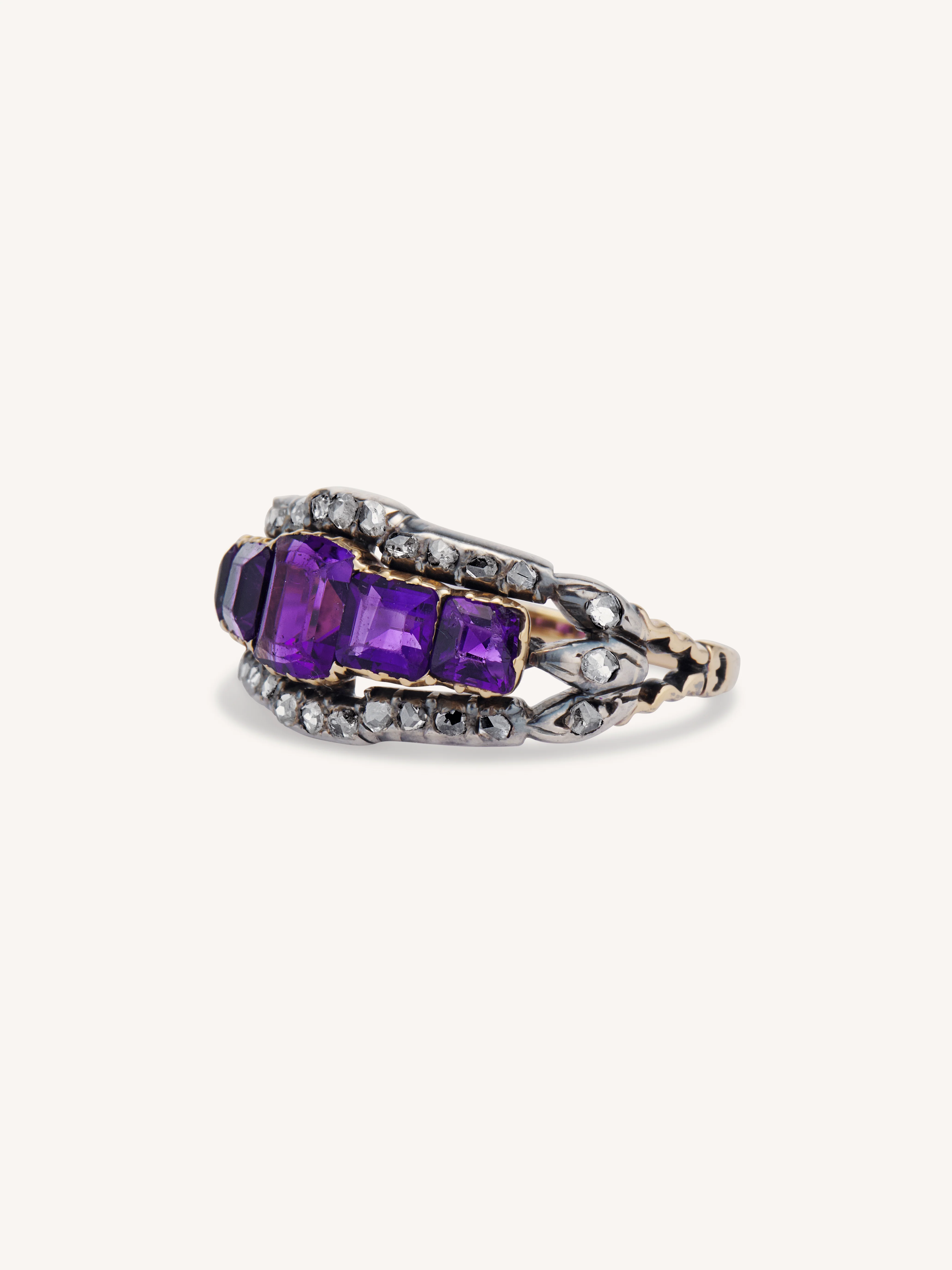 Victorian Amethyst & Rose Cut Diamond Five Stone Antique Ring - Image 4