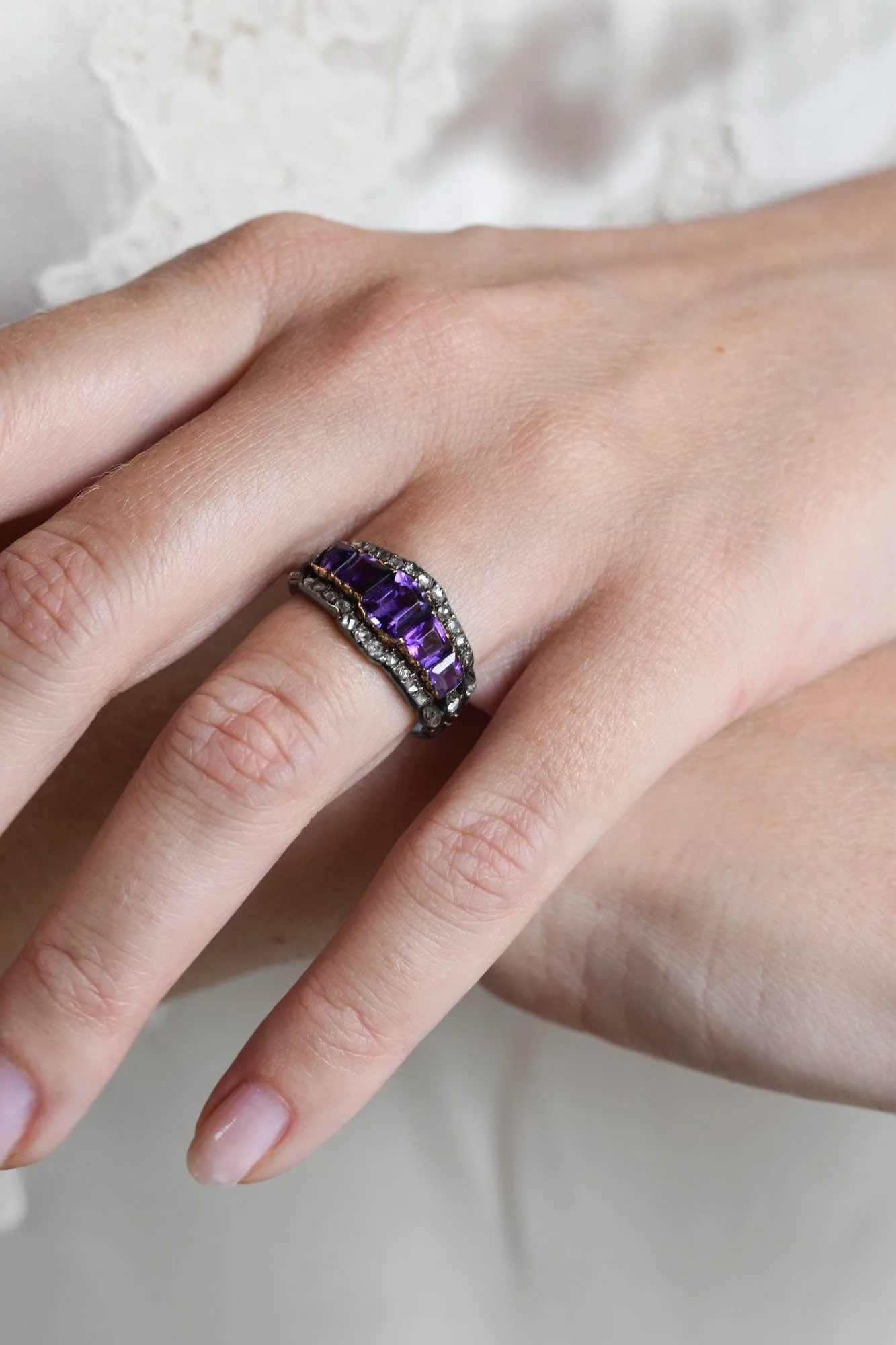 Victorian Amethyst & Rose Cut Diamond Five Stone Antique Ring - Image 6