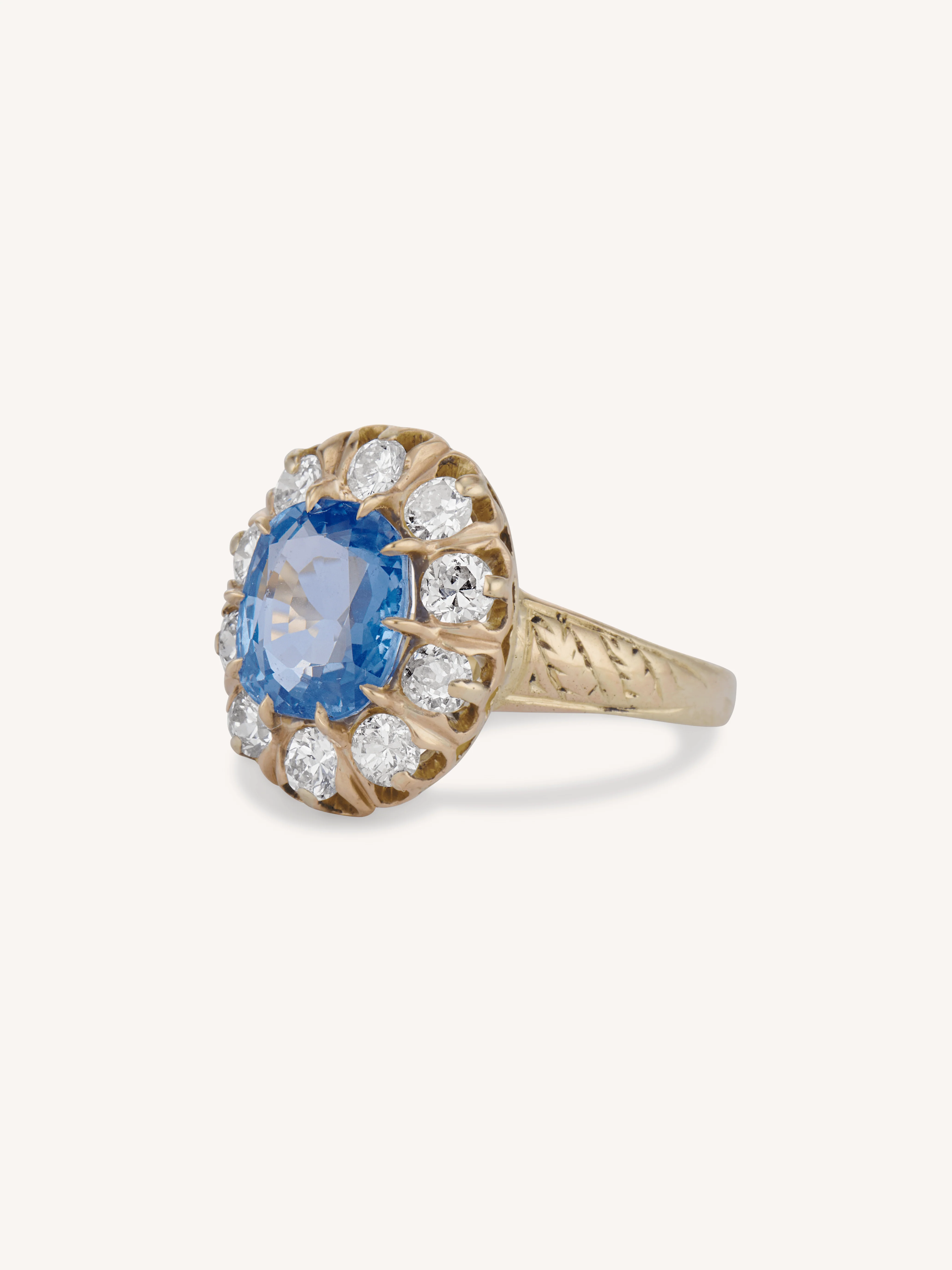 Victorian 3.16 Carat Burmese Sapphire & Diamond Cluster Engraved Antique Engagement Ring - Image 4