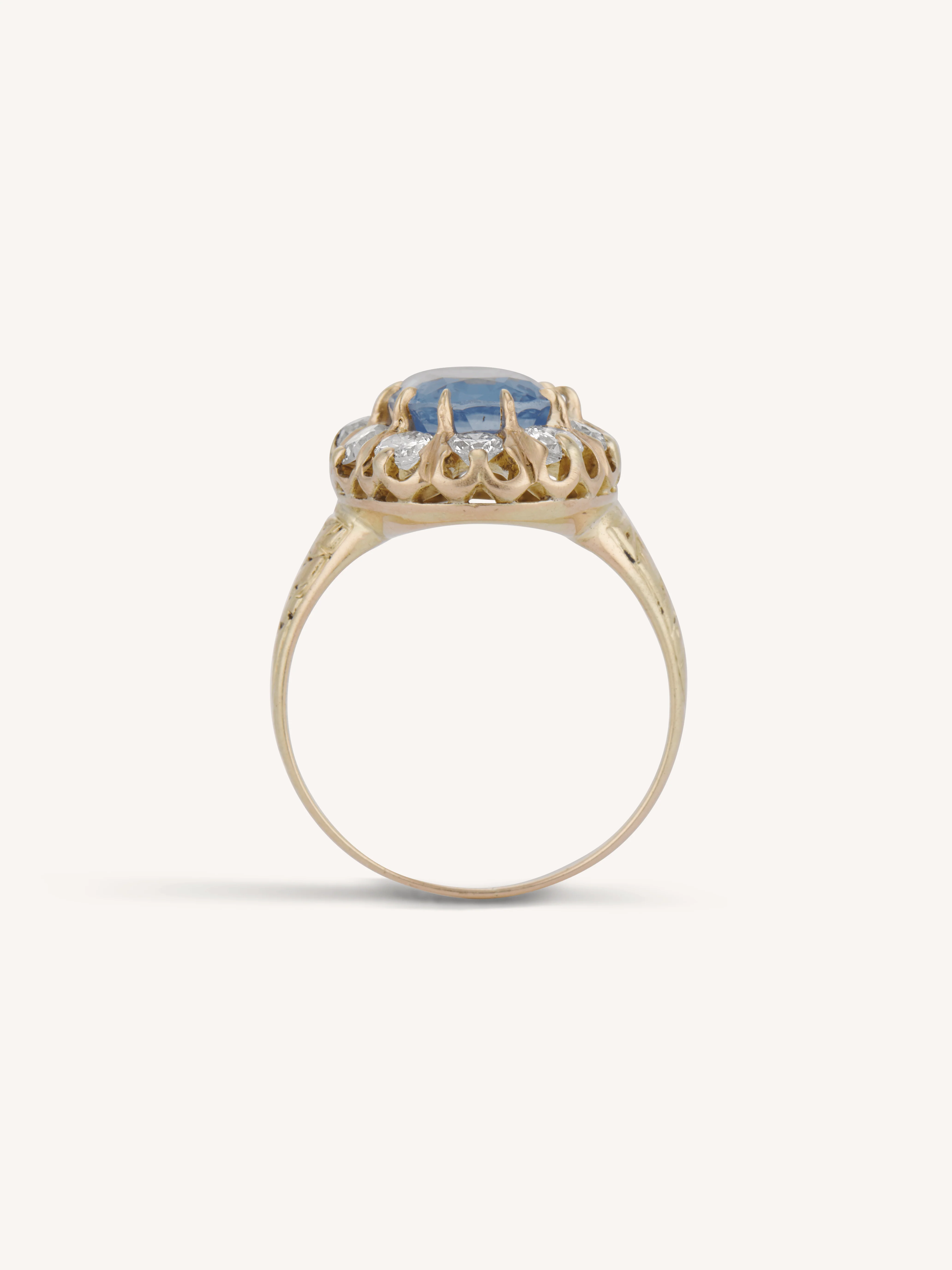 Victorian 3.16 Carat Burmese Sapphire & Diamond Cluster Engraved Antique Engagement Ring - Image 5