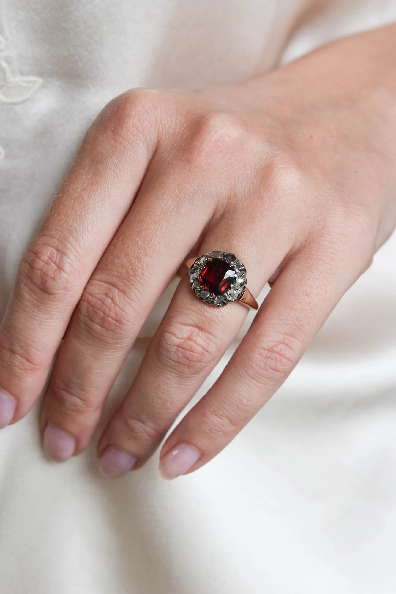 Victorian Cushion Cut Garnet & Rose Cut Diamond Antique Cluster Engagement Ring - Image 2