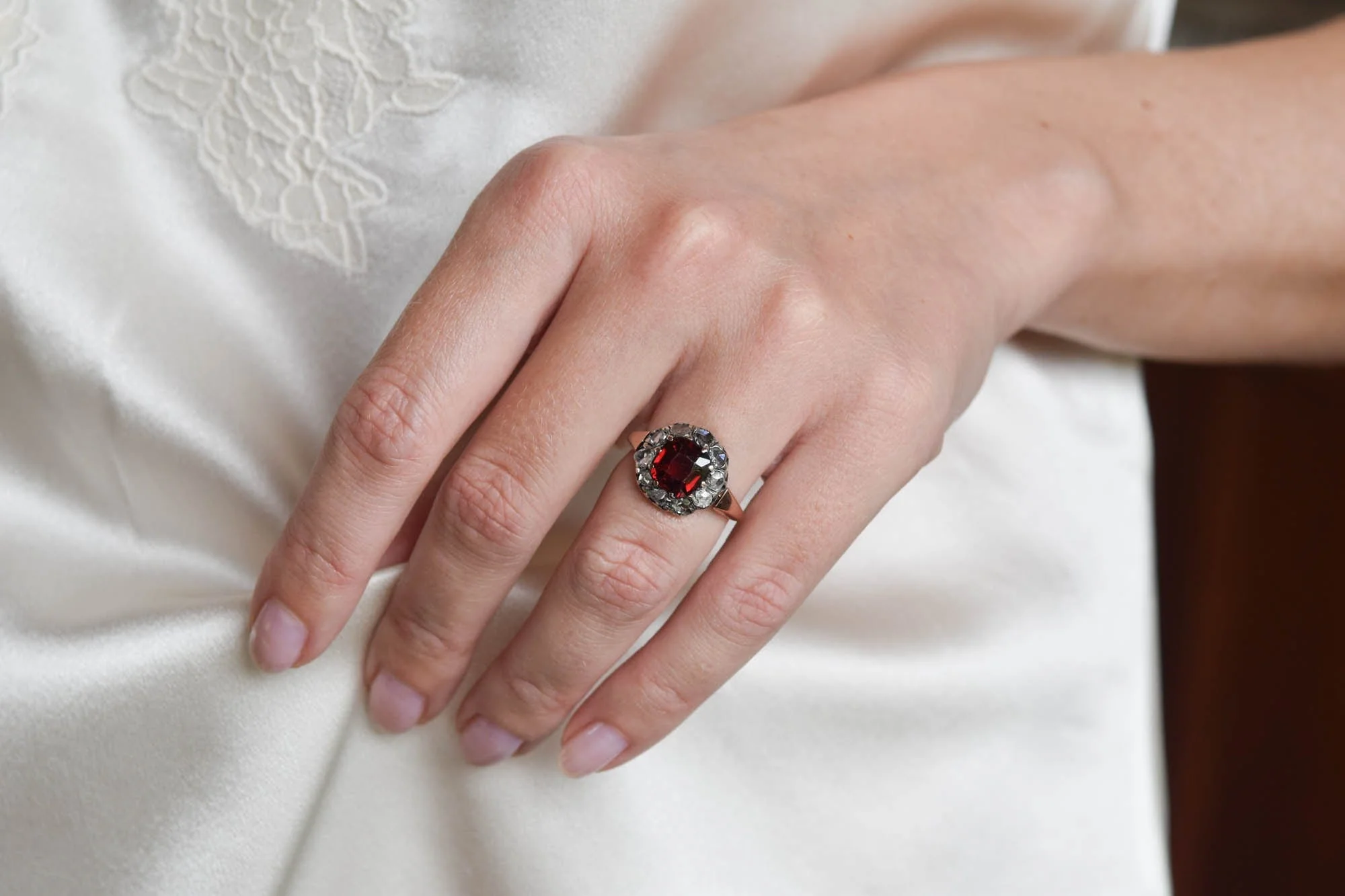 Victorian Cushion Cut Garnet & Rose Cut Diamond Antique Cluster Engagement Ring - Image 3
