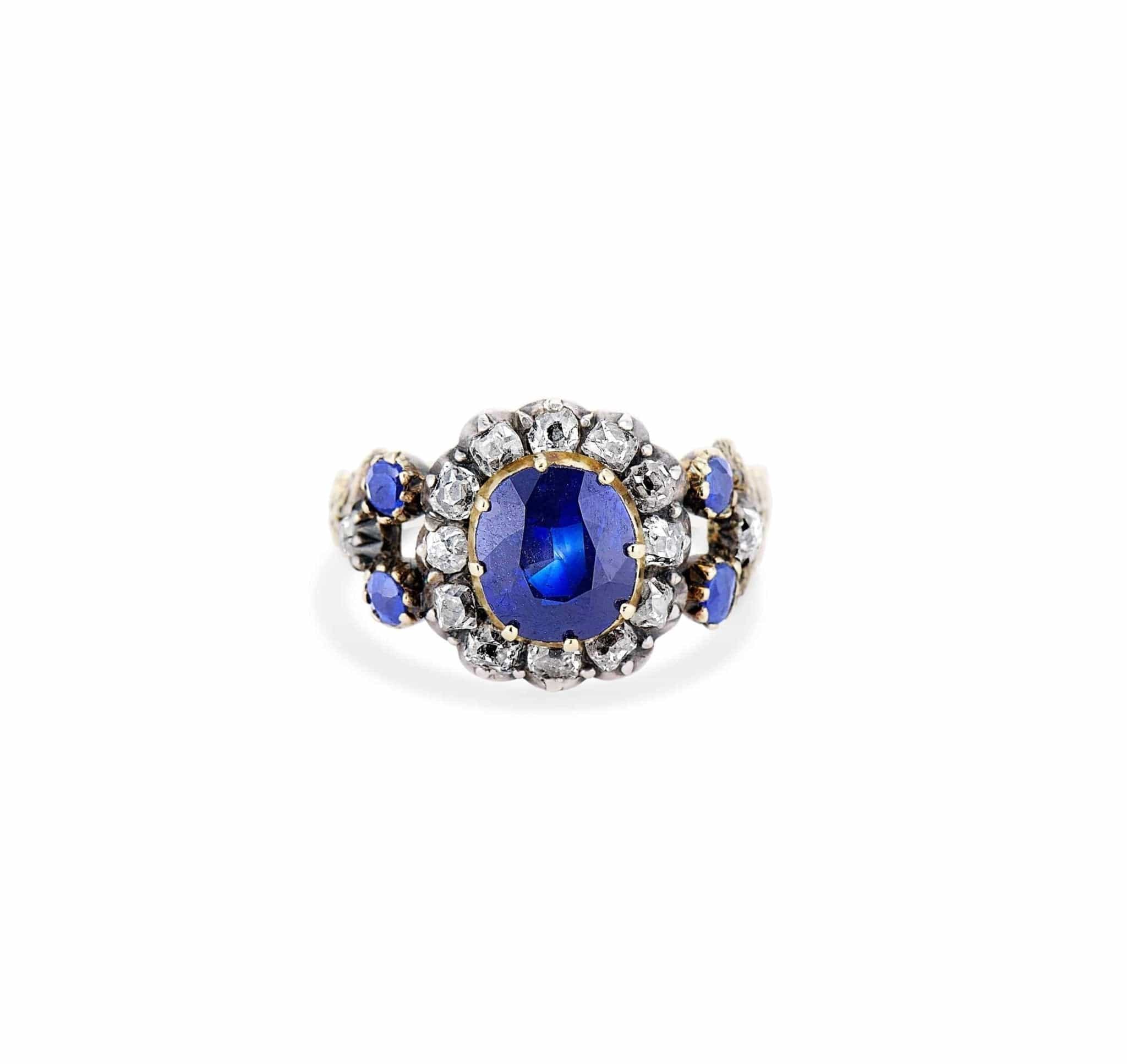 Victorian Cushion Sapphire & Diamond Two Tone Cluster - Image 2