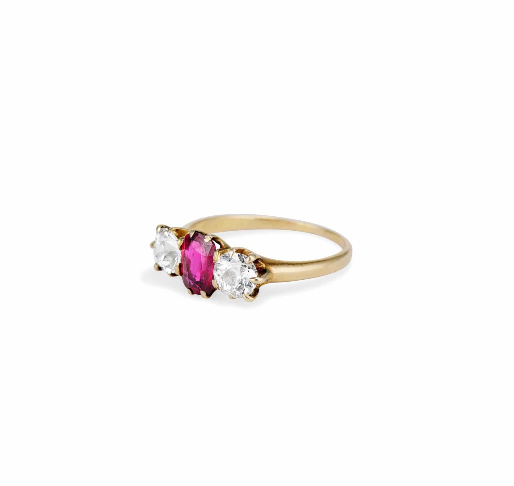 Victorian Diamond & Ruby Gold Three Stone Ring - Image 2