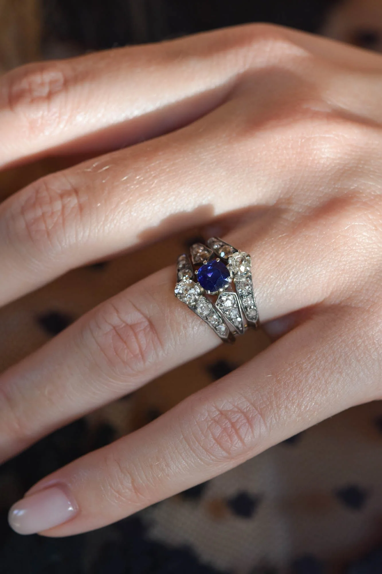 Victorian Diamond & Sapphire Tiered Antique Dinner Ring, France - Image 2