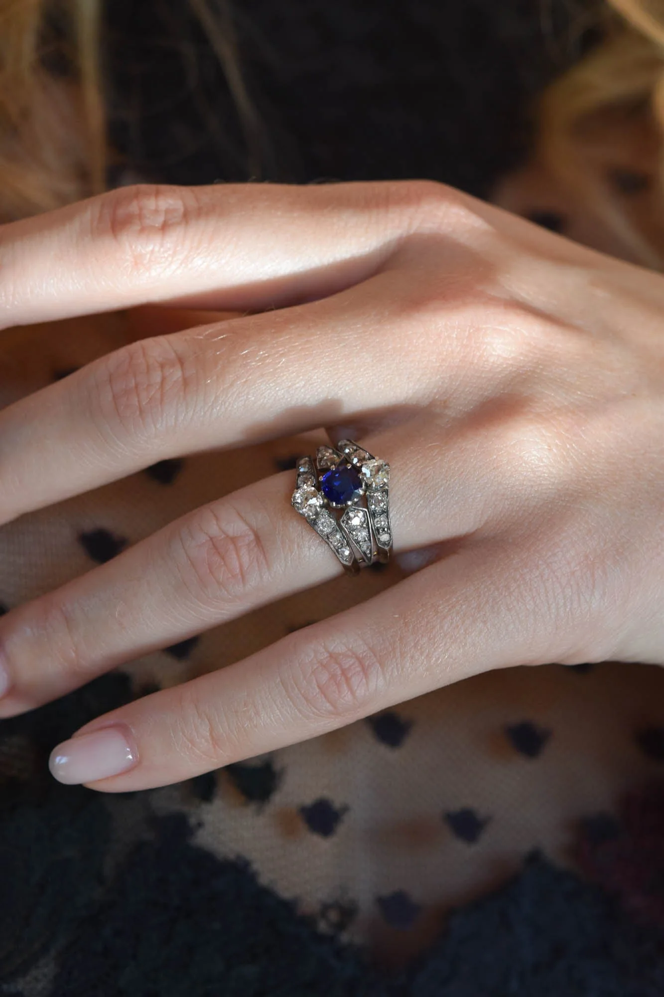 Victorian Diamond & Sapphire Tiered Antique Dinner Ring, France - Image 3