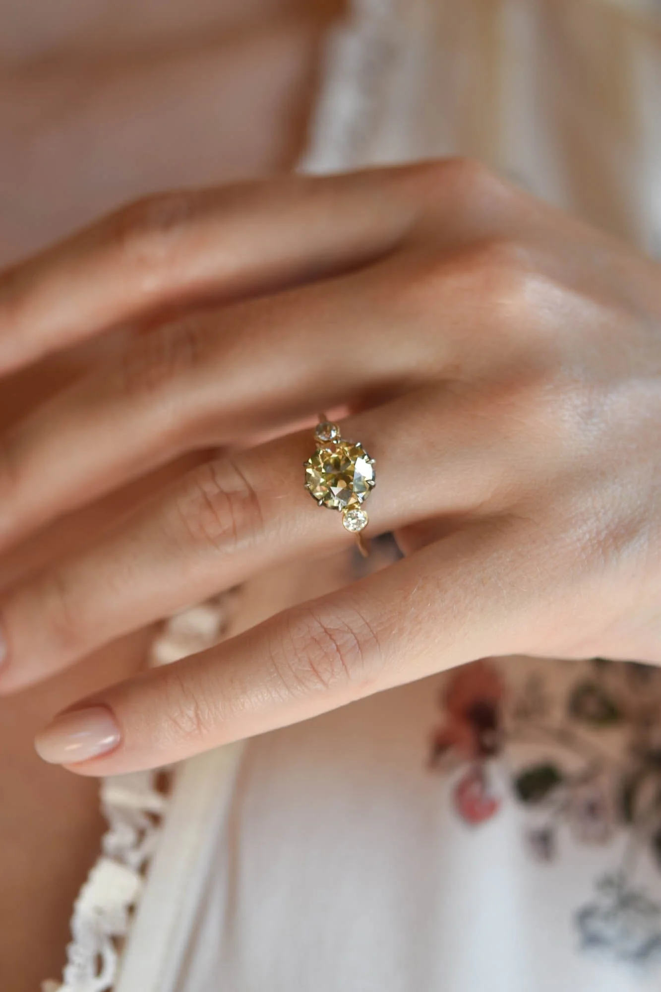 Victorian 2.84 Carat Fancy Brown-Greenish Old European Diamond Three Stone Antique Engagement Ring - Image 2