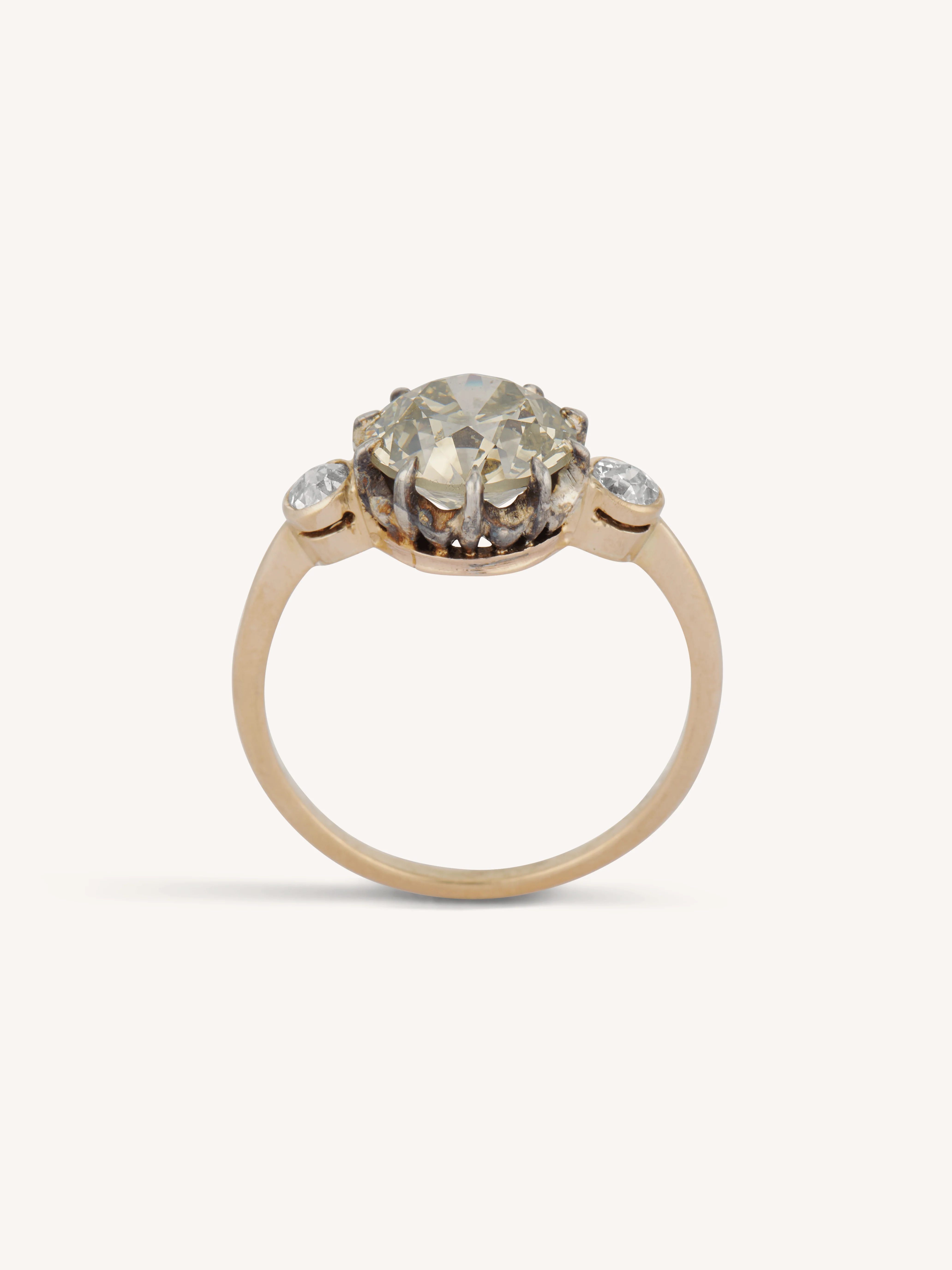 Victorian 2.84 Carat Fancy Brown-Greenish Old European Diamond Three Stone Antique Engagement Ring - Image 8