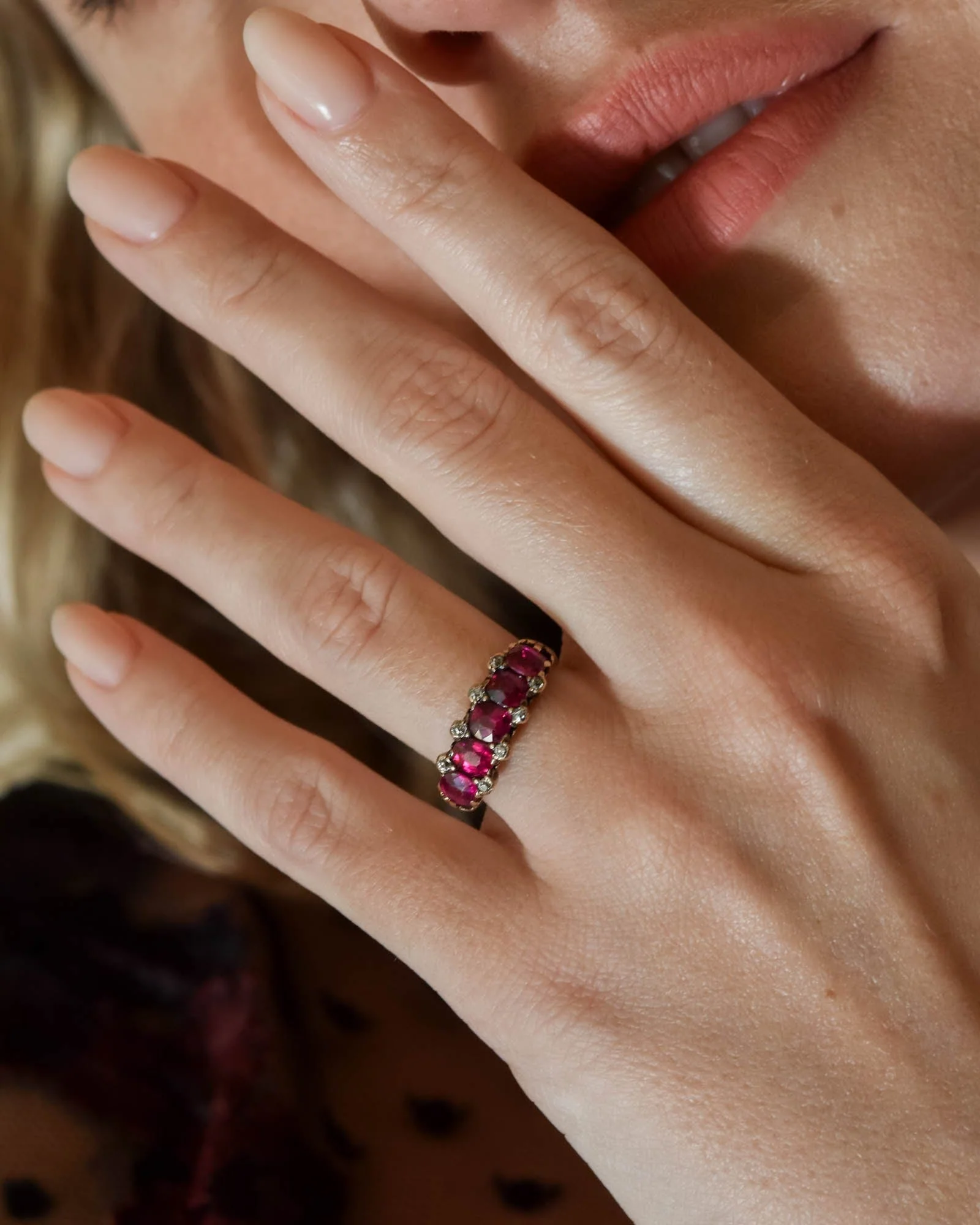 Victorian Five Stone Ruby & Rose Cut Diamond Carved Half Hoop - Image 2