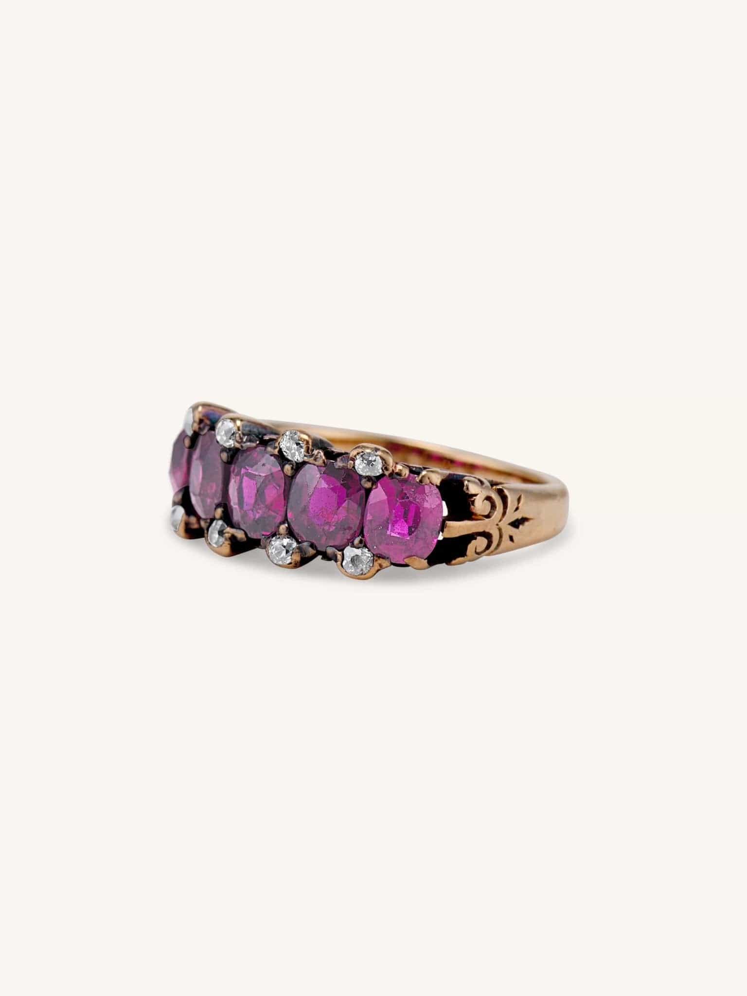 Victorian Five Stone Ruby & Rose Cut Diamond Carved Half Hoop - Image 3