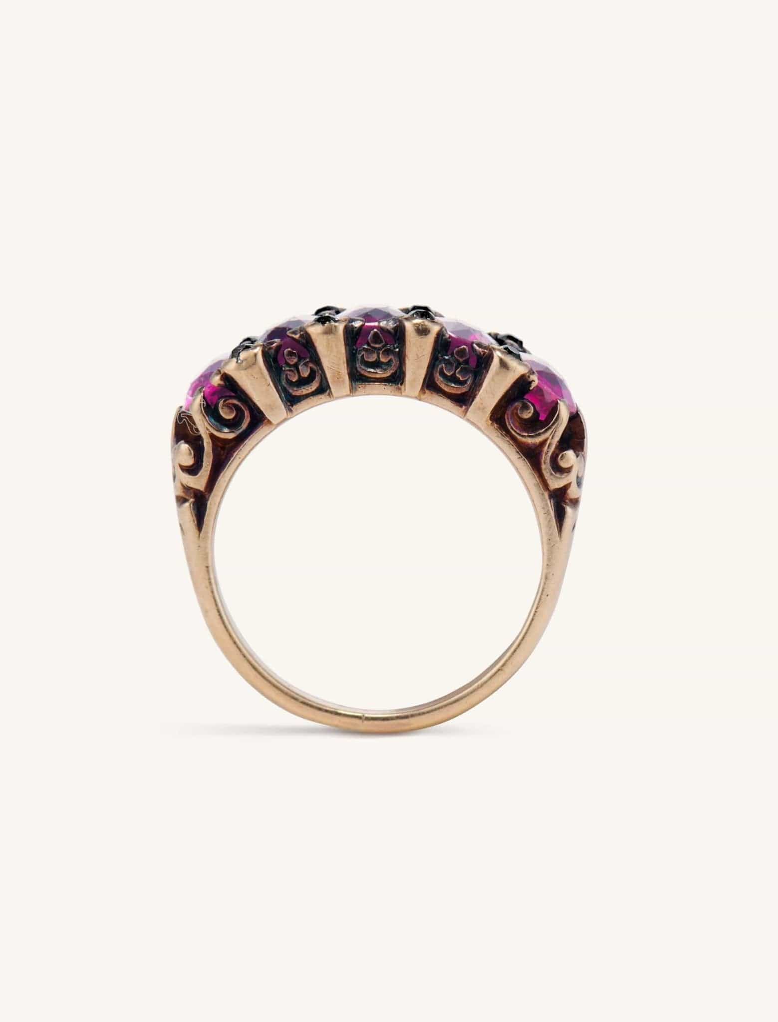 Victorian Five Stone Ruby & Rose Cut Diamond Carved Half Hoop - Image 5