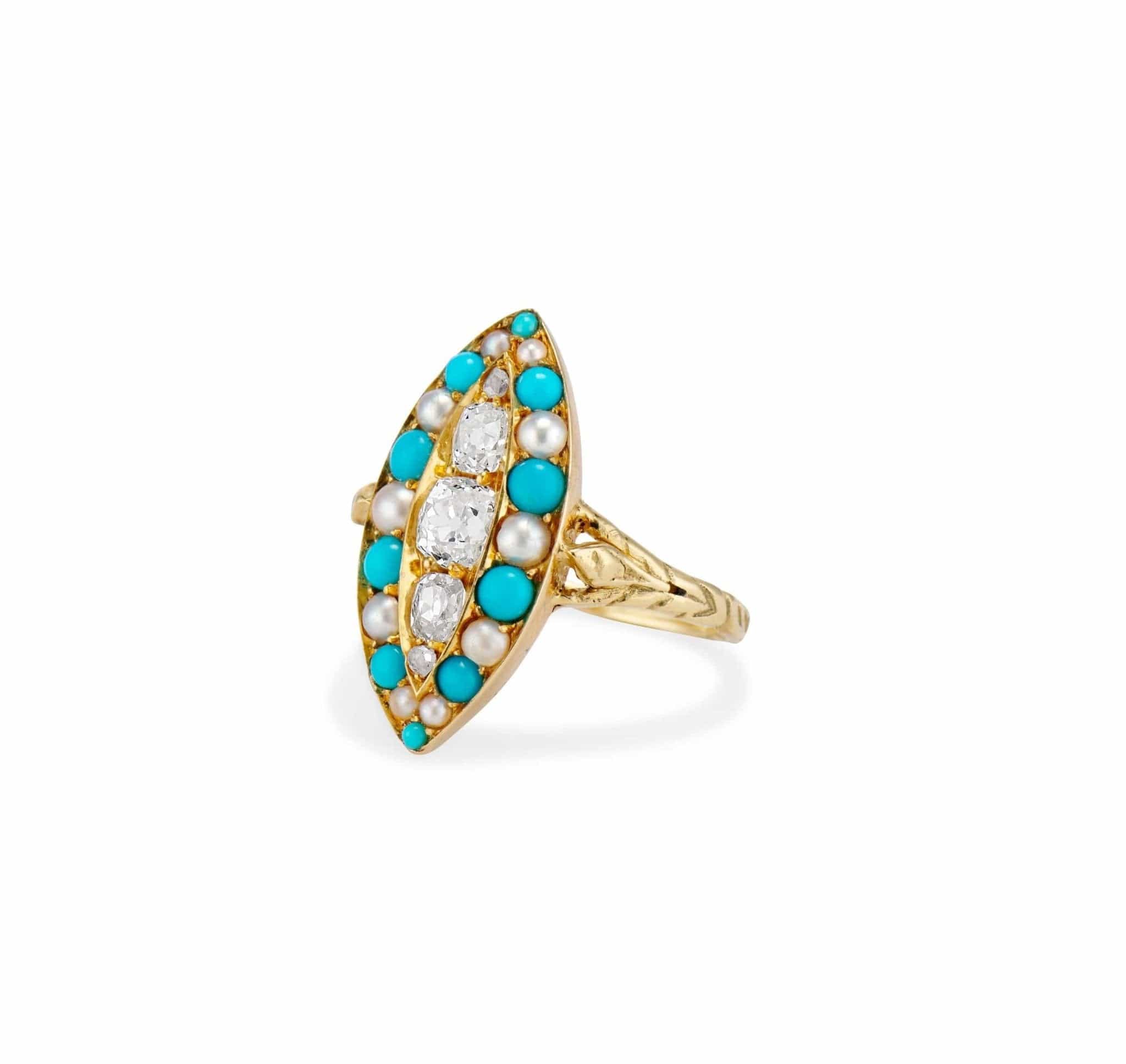 Victorian Navette Turquoise Pearl & Diamond Dinner Ring - Image 2