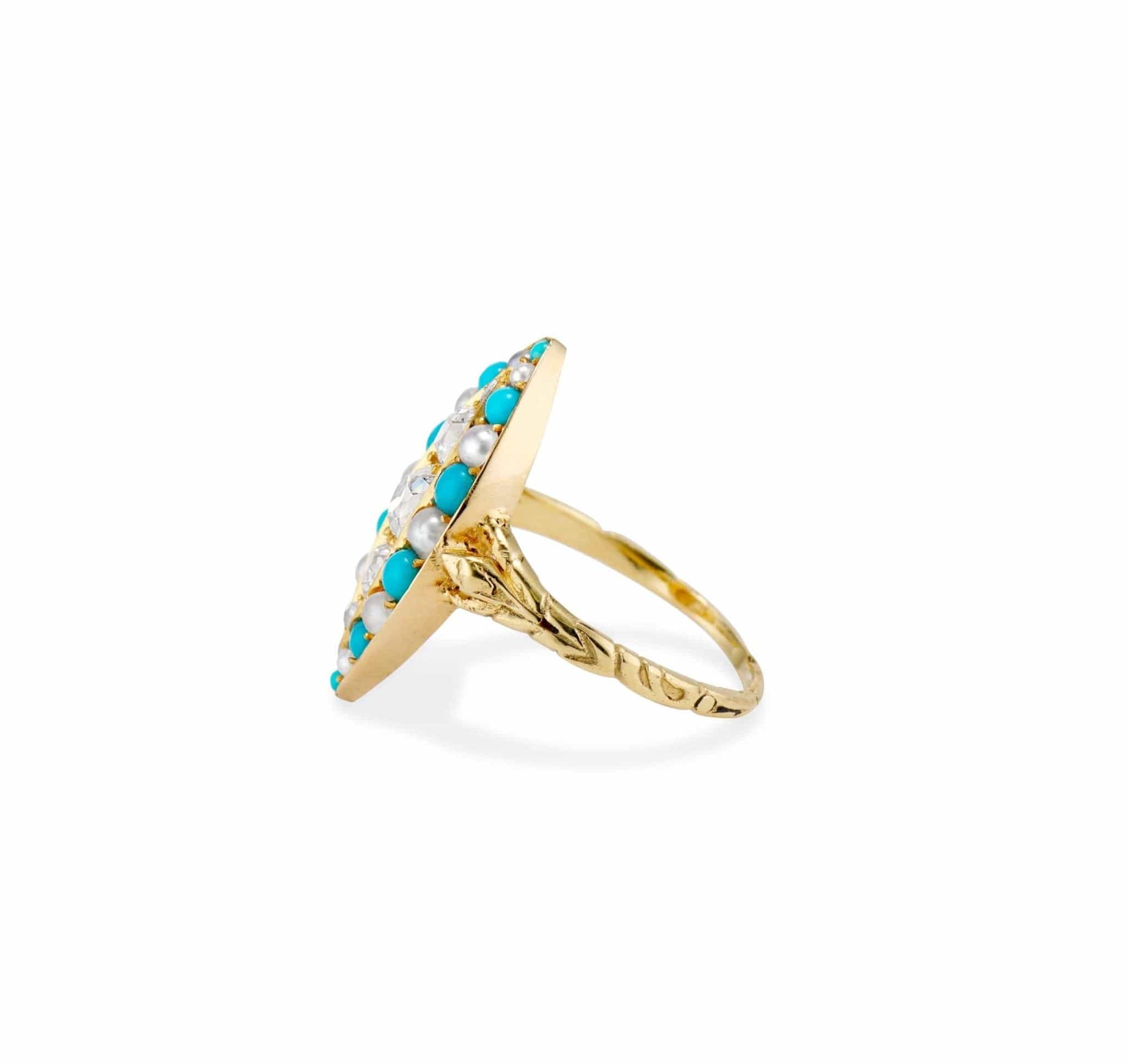 Victorian Navette Turquoise Pearl & Diamond Dinner Ring - Image 3
