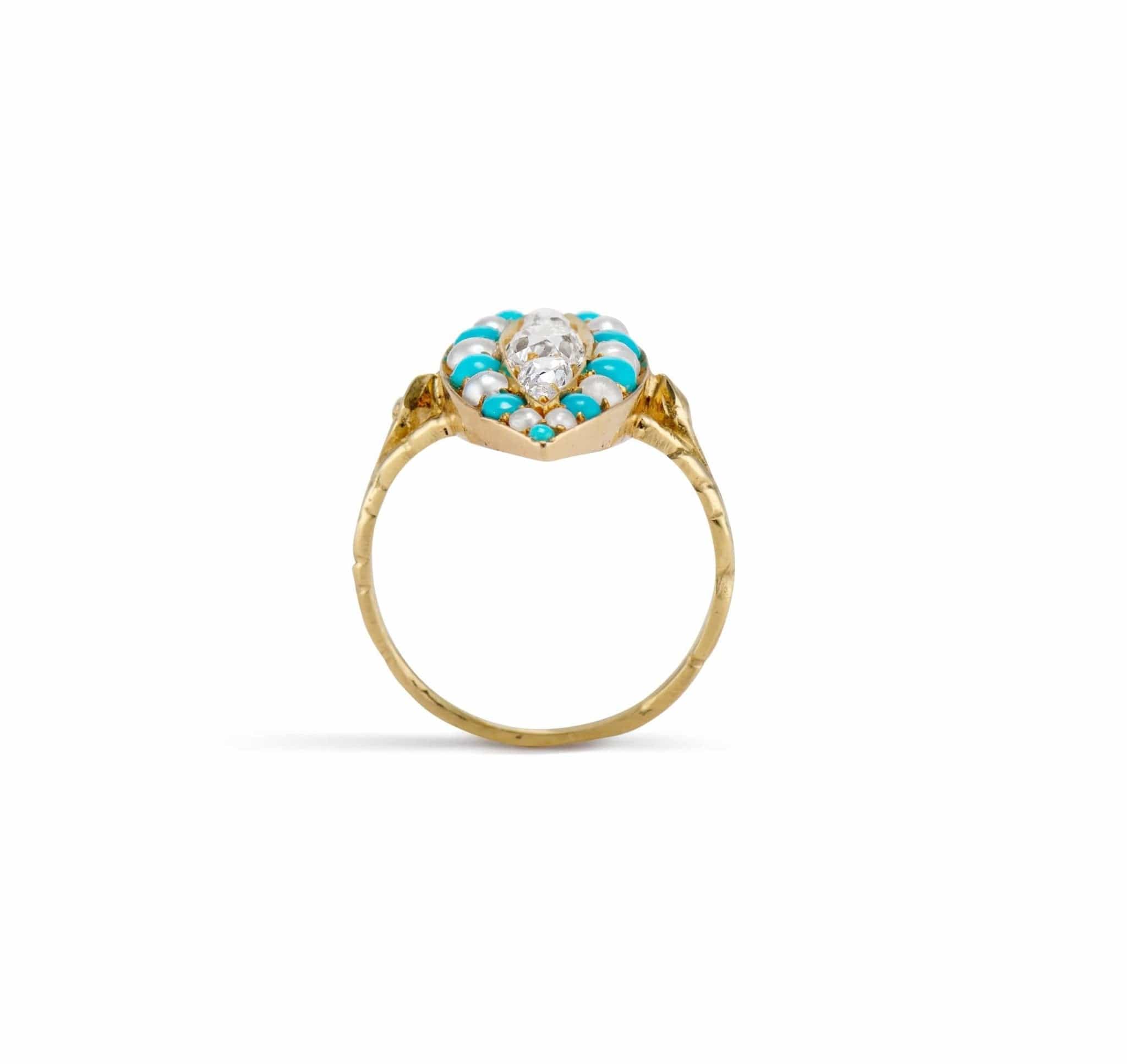 Victorian Navette Turquoise Pearl & Diamond Dinner Ring - Image 4