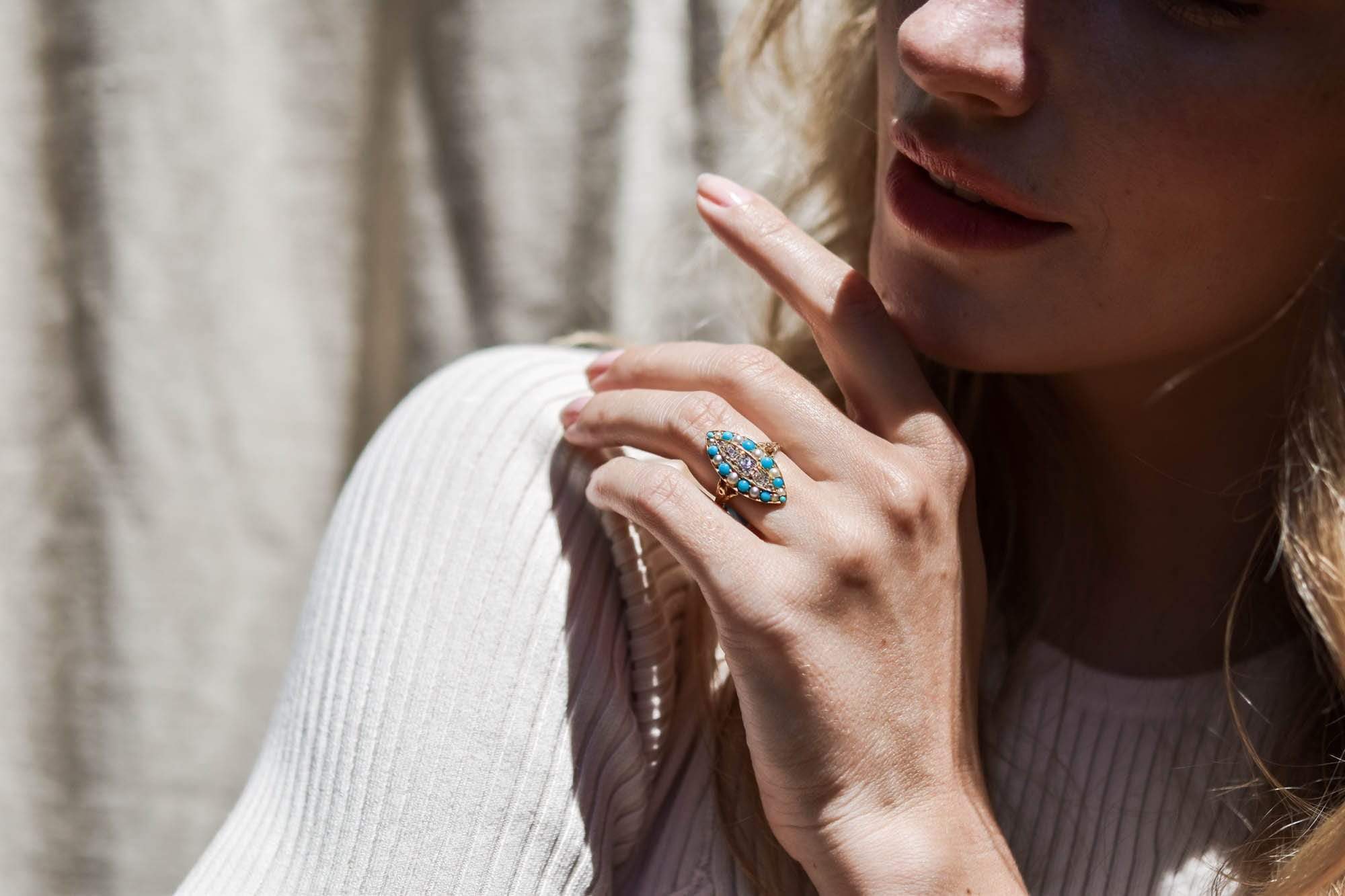 Victorian Navette Turquoise Pearl & Diamond Dinner Ring - Image 5