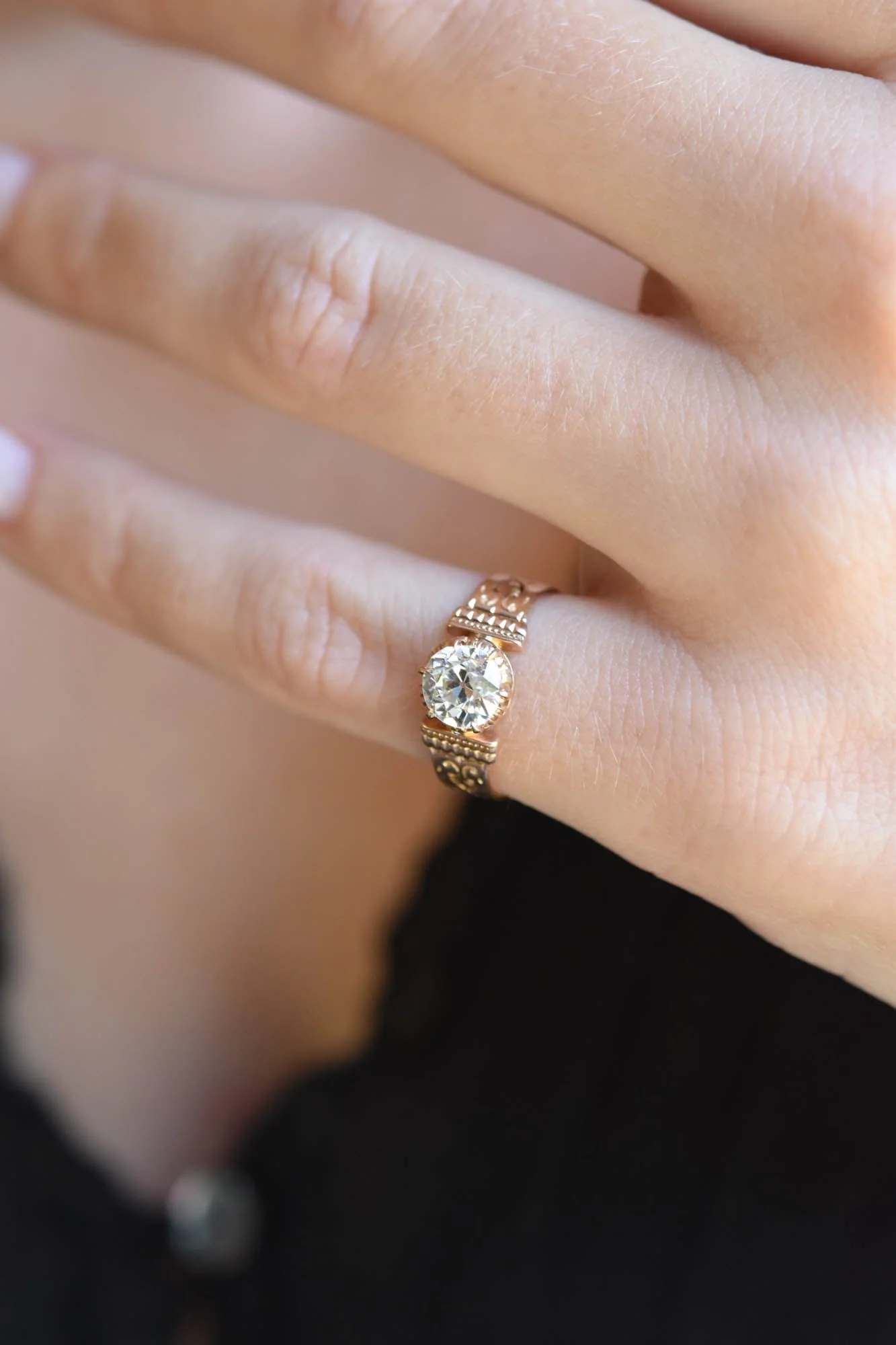 Victorian Old European Cut Diamond Engraved Gold Antique Engagement Ring - Image 2