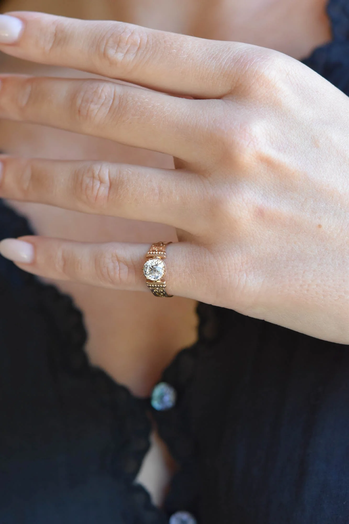 Victorian Old European Cut Diamond Engraved Gold Antique Engagement Ring - Image 3