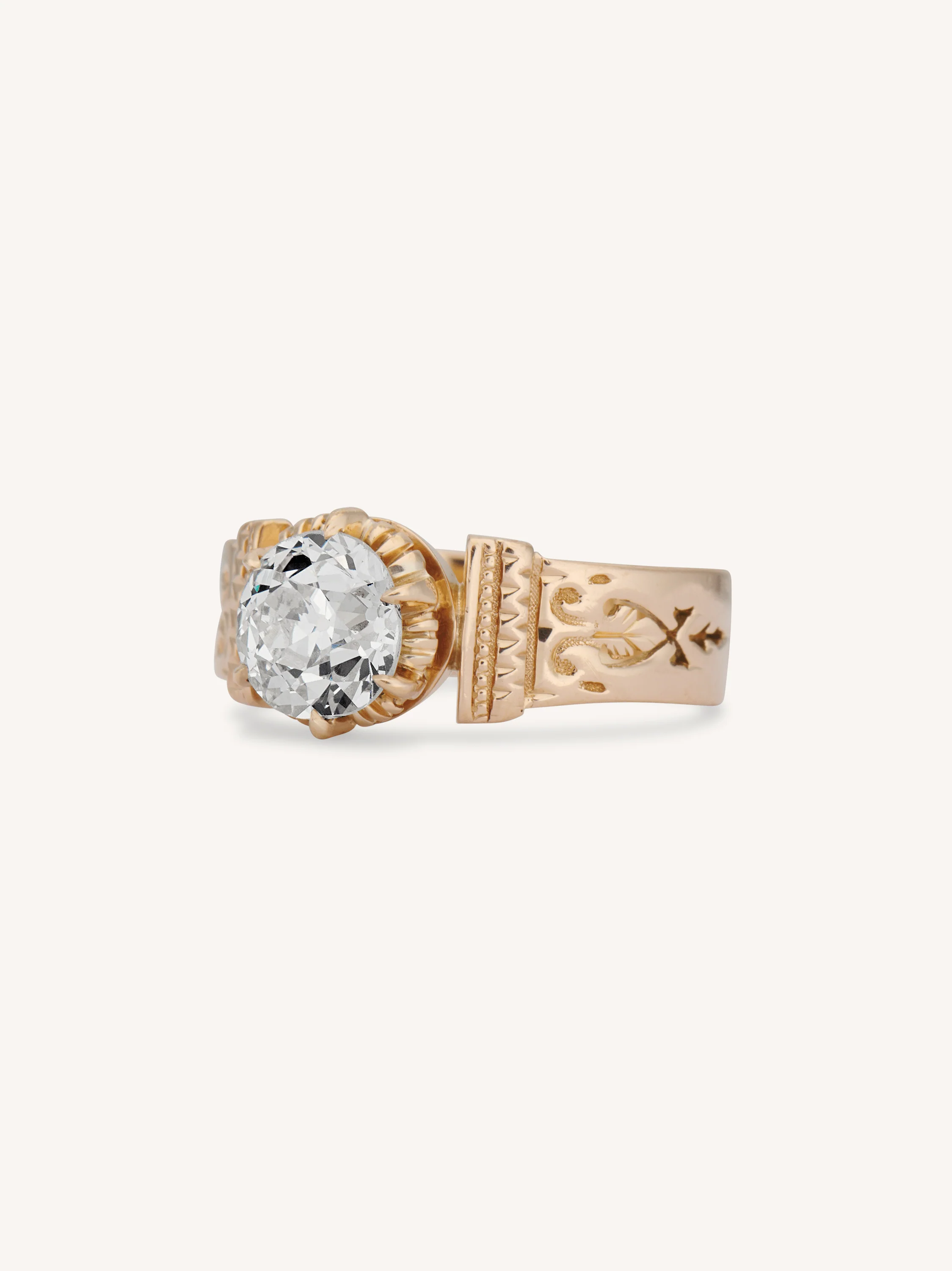 Victorian Old European Cut Diamond Engraved Gold Antique Engagement Ring - Image 4