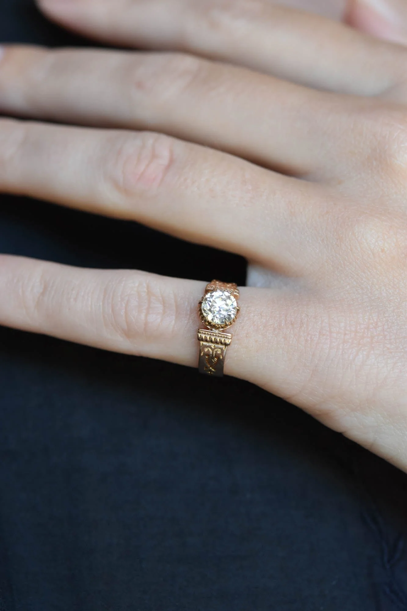 Victorian Old European Cut Diamond Engraved Gold Antique Engagement Ring - Image 6