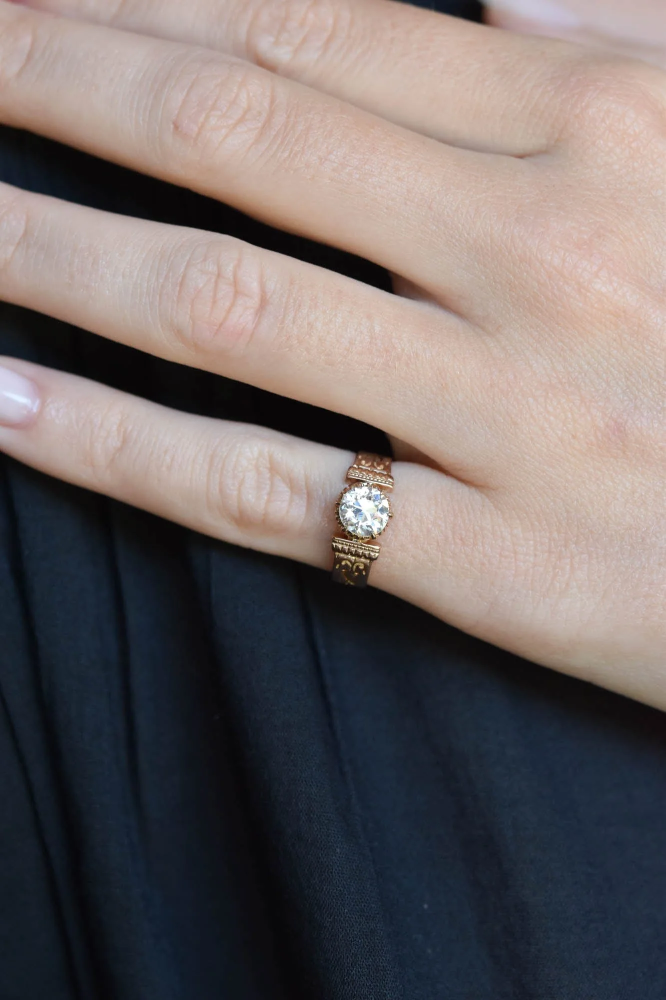 Victorian Old European Cut Diamond Engraved Gold Antique Engagement Ring - Image 7
