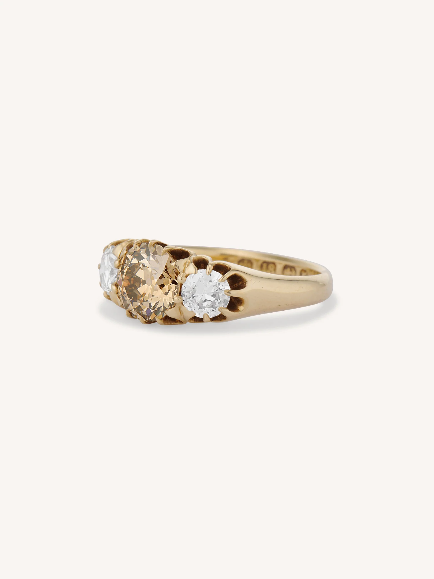 Victorian 1.30 Carat Old European Cut Fancy Brown & White Diamond Three Stone Antique Engagement Ring - Image 4