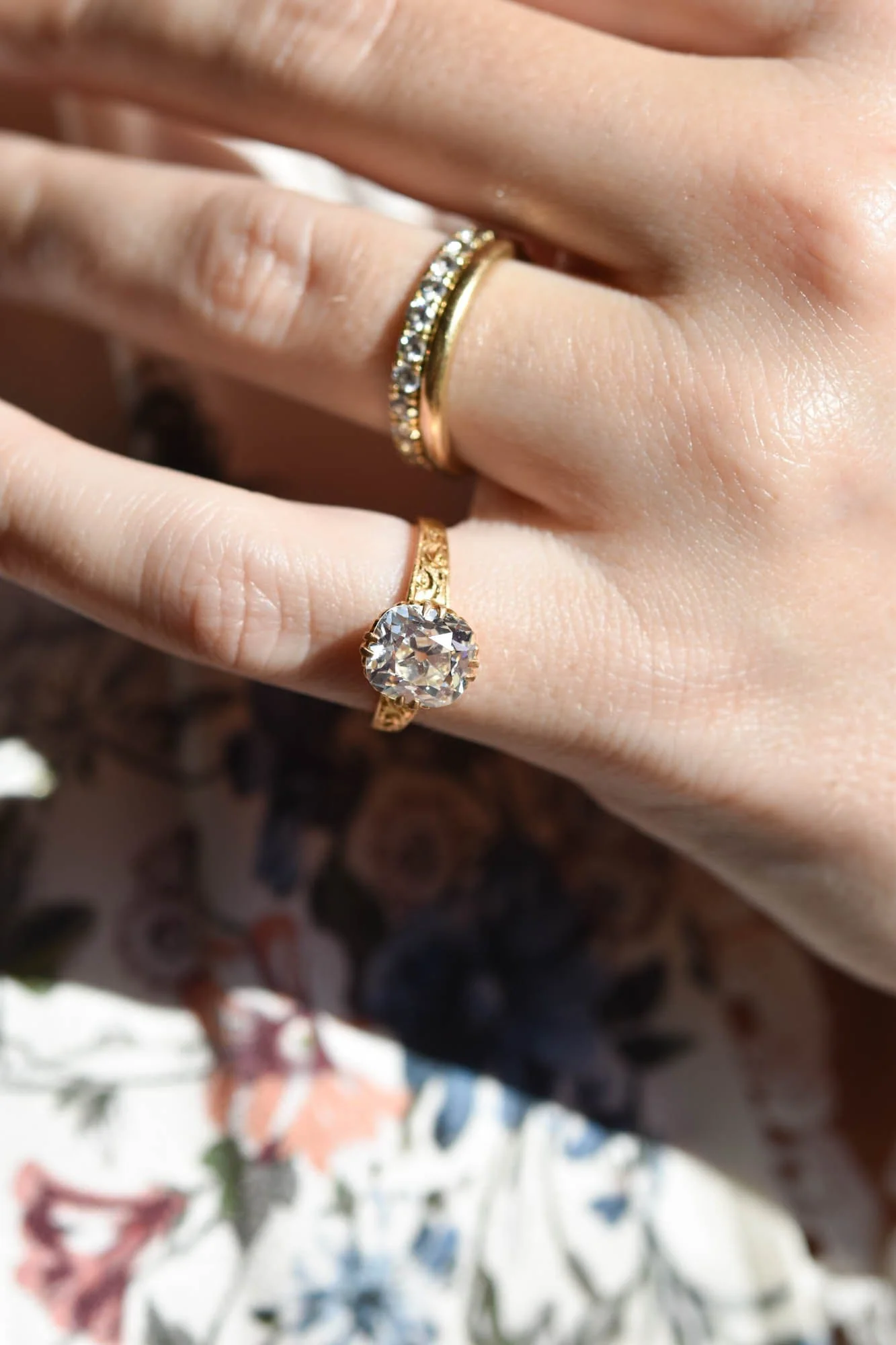 Victorian 2.35 Carat Old Mine Cut Diamond 20k Gold Engraved Solitaire Antique Engagement Ring - Image 2