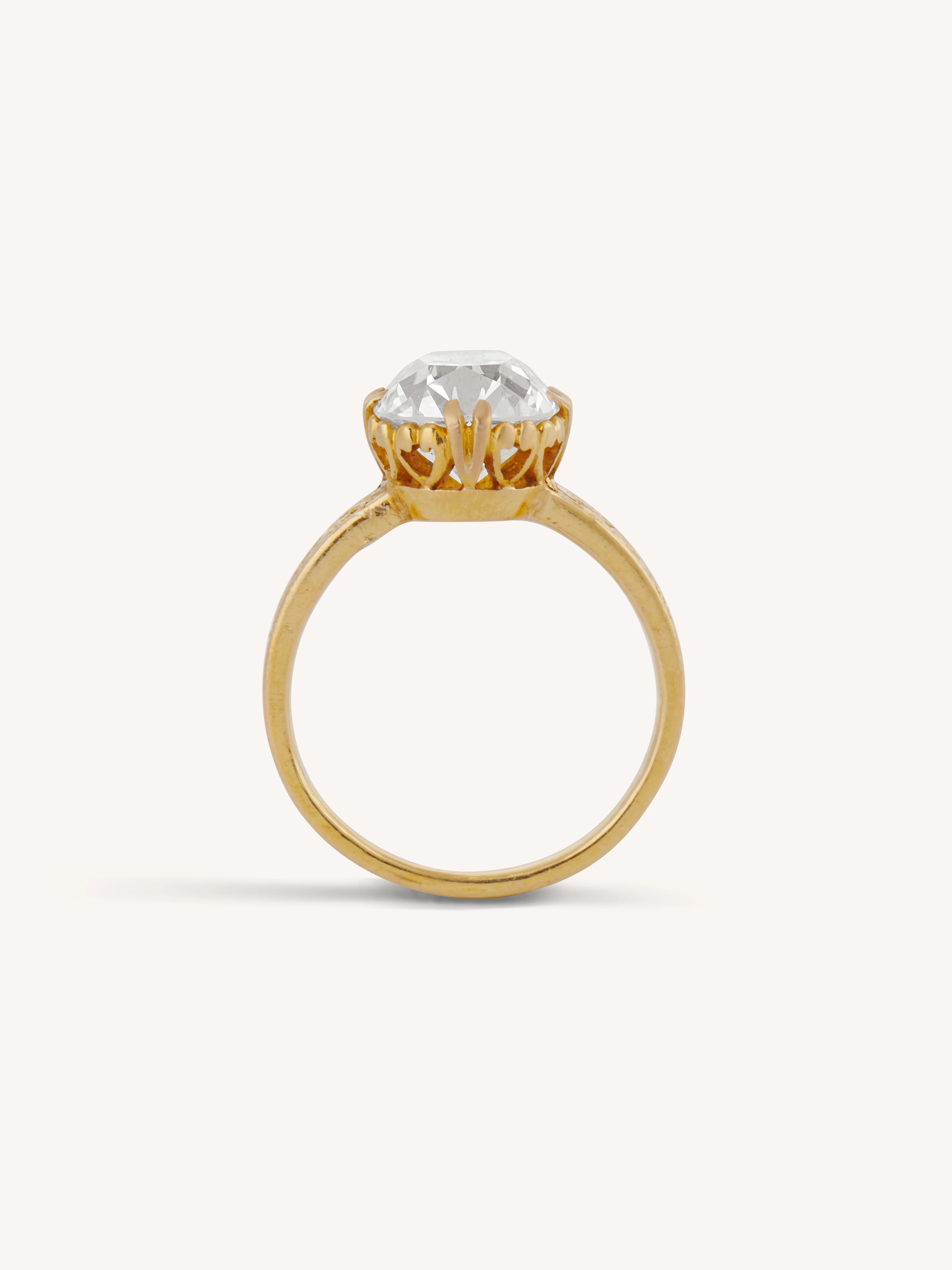 Victorian 2.35 Carat Old Mine Cut Diamond 20k Gold Engraved Solitaire Antique Engagement Ring - Image 6