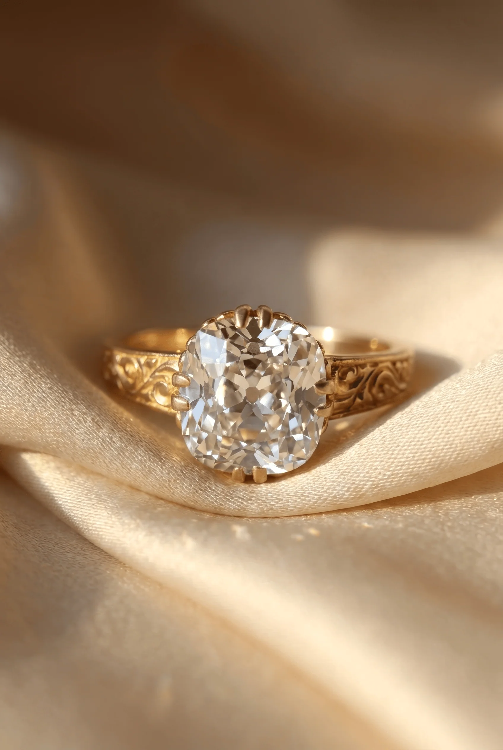 Victorian 2.35 Carat Old Mine Cut Diamond 20k Gold Engraved Solitaire Antique Engagement Ring - Image 7