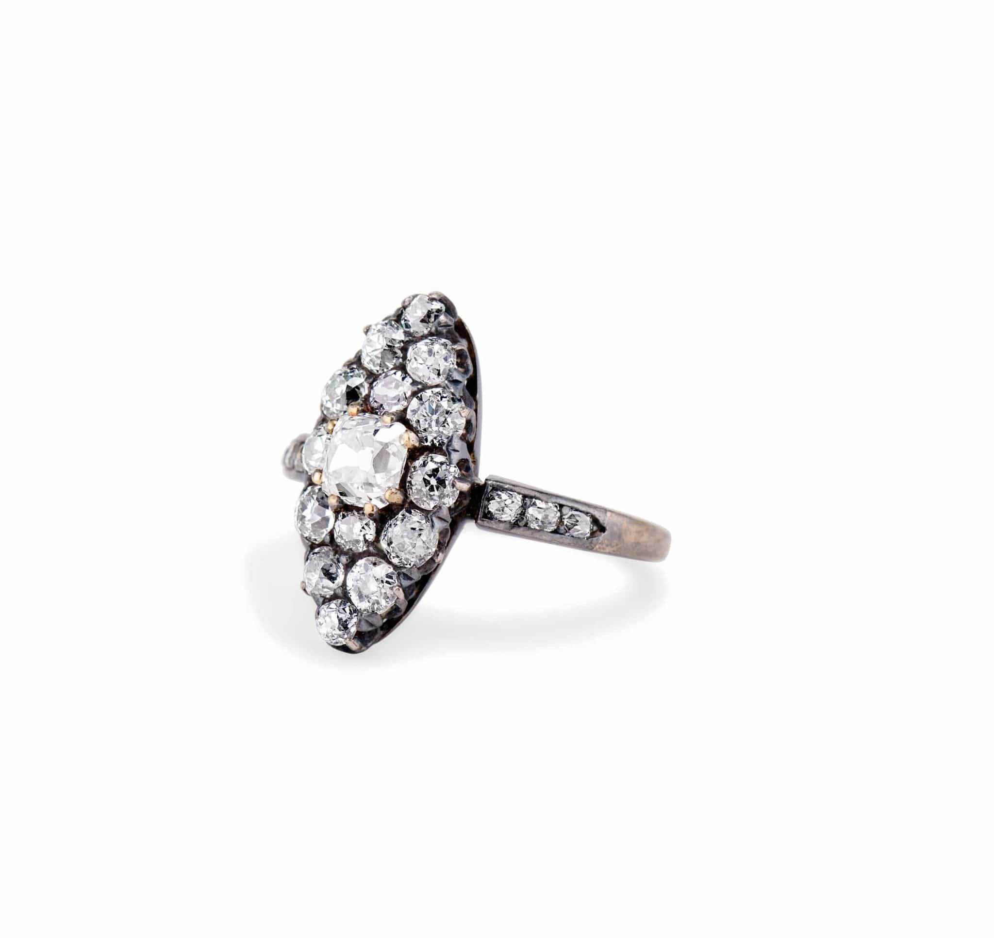 Victorian .50 Old Mine Cut Diamond Cluster Navette Ring - Image 2