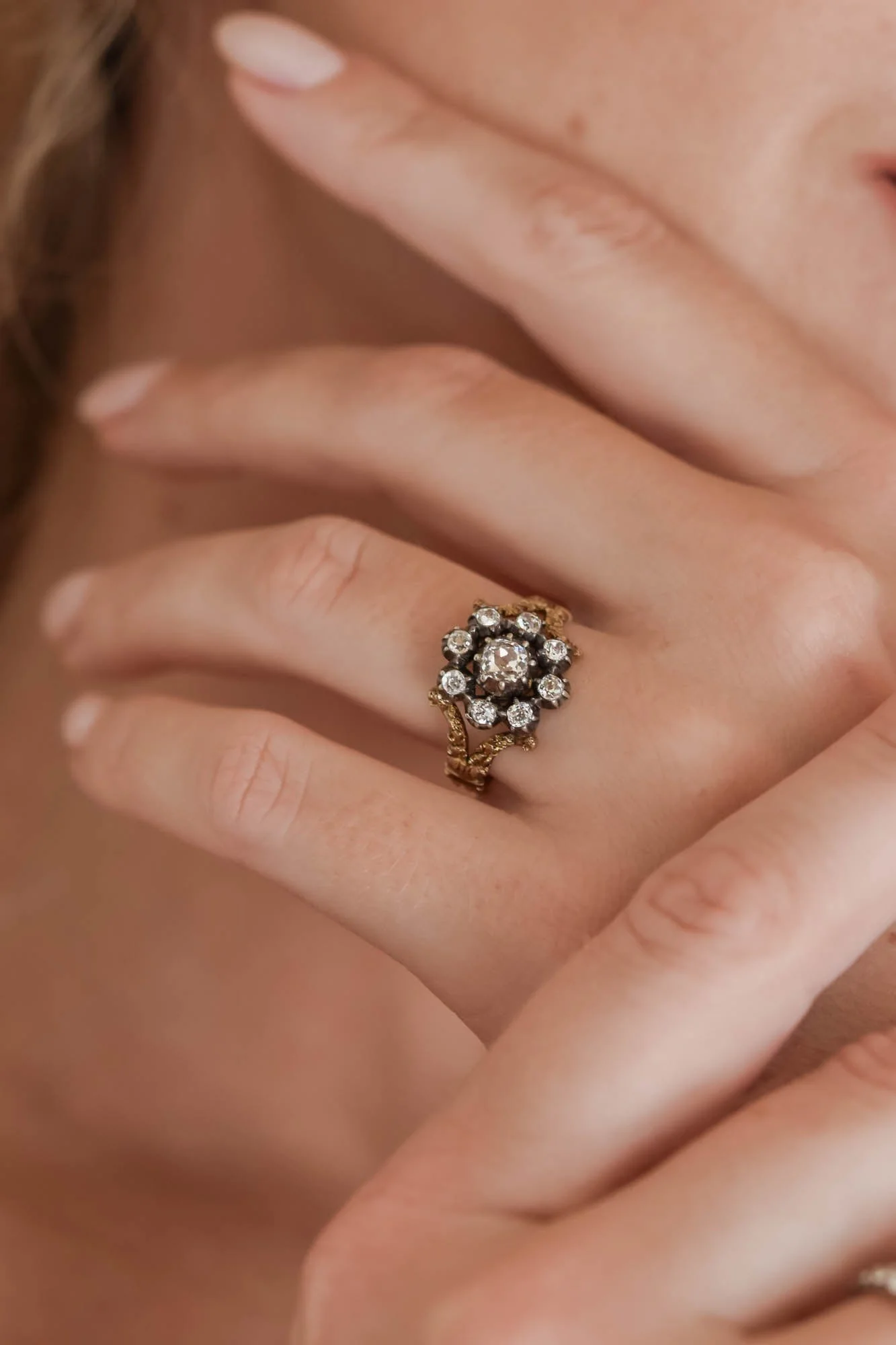 Victorian Late 19th Century Old Mine Cushion Cut Diamond Cluster Ring - Image 2