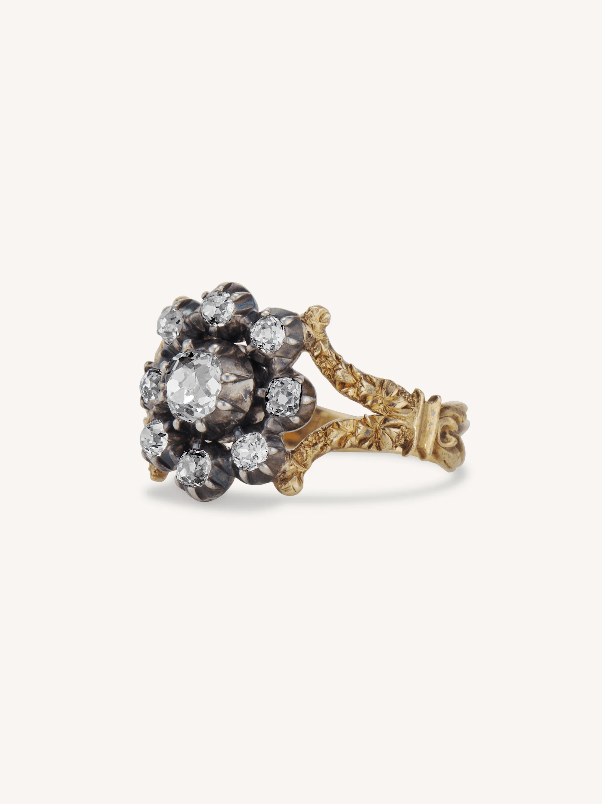 Victorian Late 19th Century Old Mine Cushion Cut Diamond Cluster Ring - Image 4