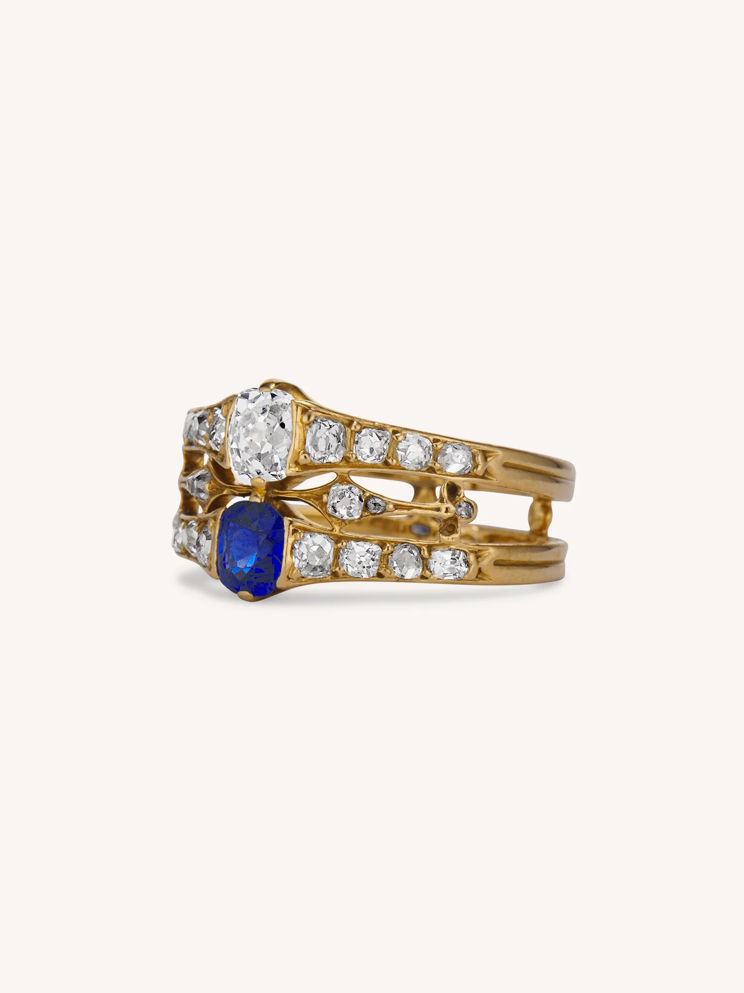 Victorian Old Mine Diamond & Sapphire Antique Gold Twin Ring - Image 4