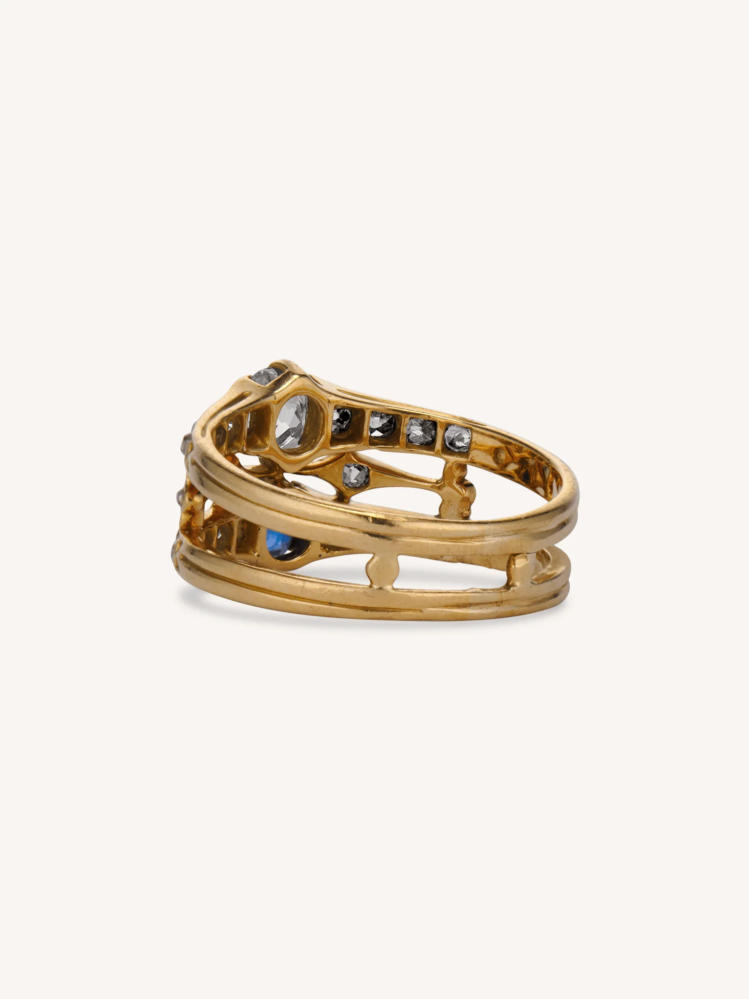 Victorian Old Mine Diamond & Sapphire Antique Gold Twin Ring - Image 5