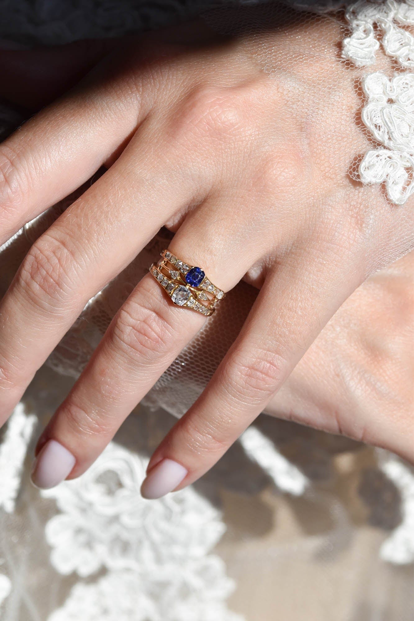 Victorian Old Mine Diamond & Sapphire Antique Gold Twin Ring - Image 6