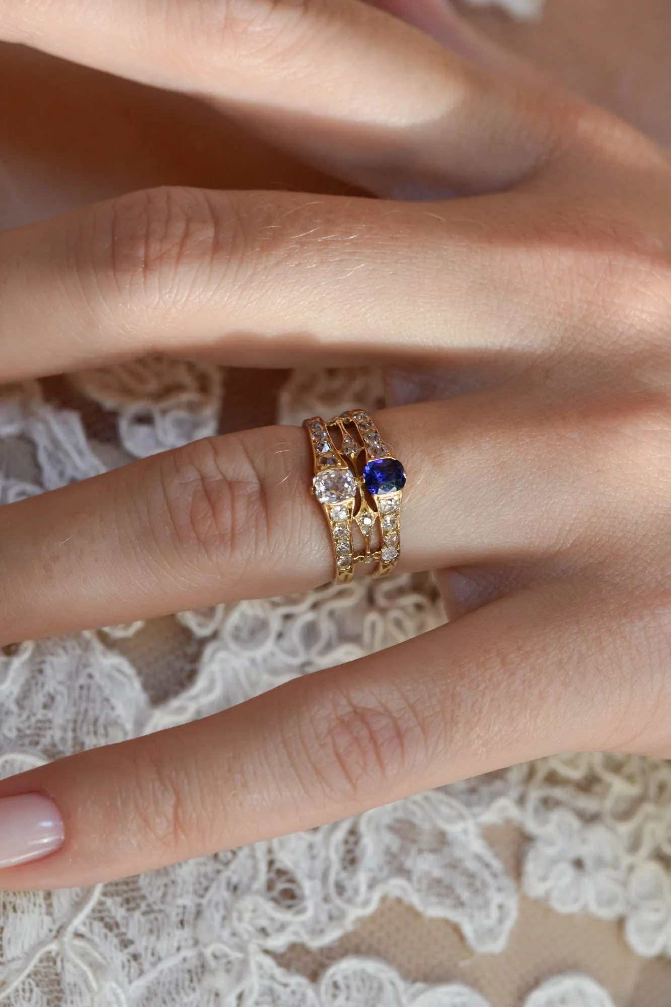 Victorian Old Mine Diamond & Sapphire Antique Gold Twin Ring - Image 8