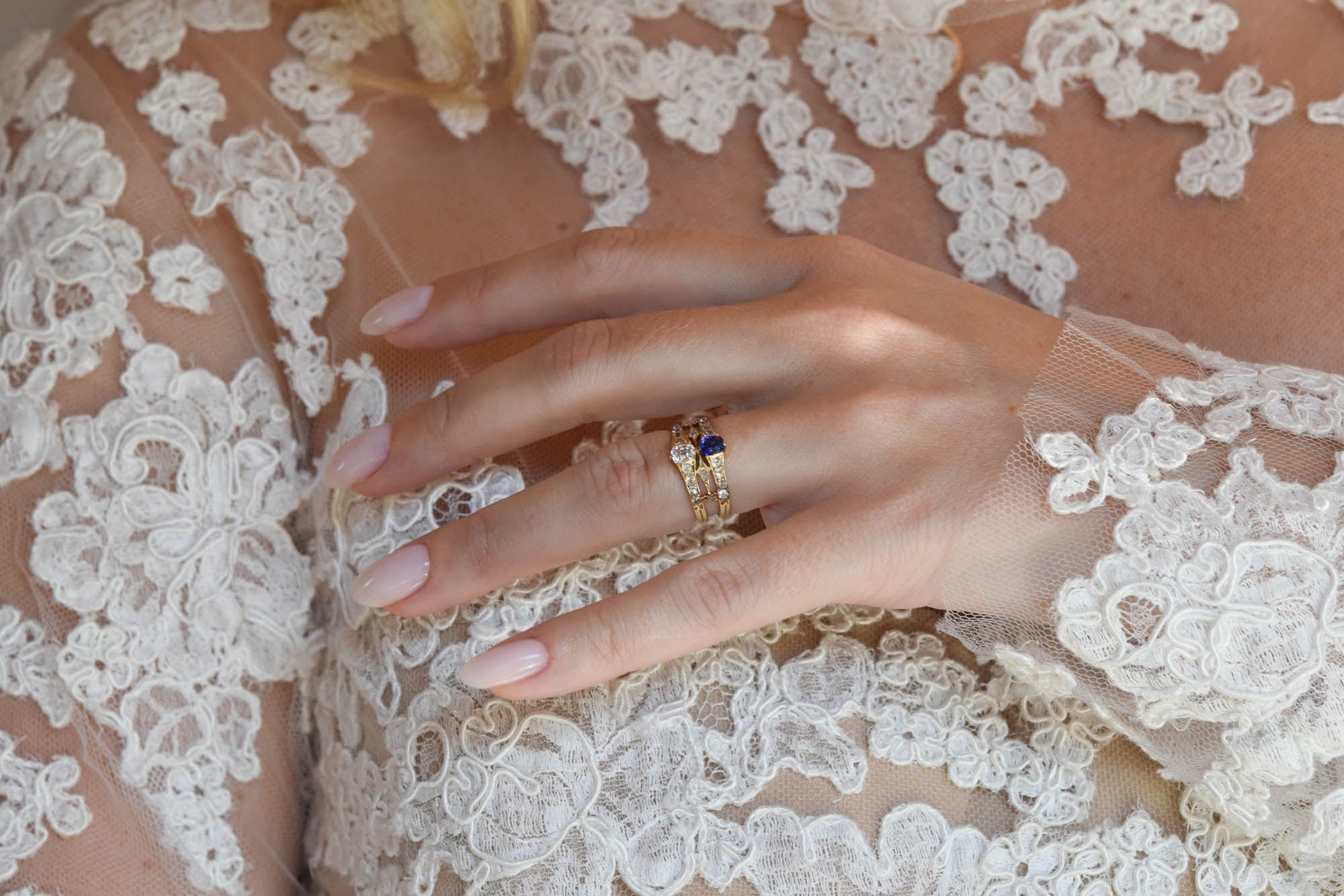 Victorian Old Mine Diamond & Sapphire Antique Gold Twin Ring - Image 9