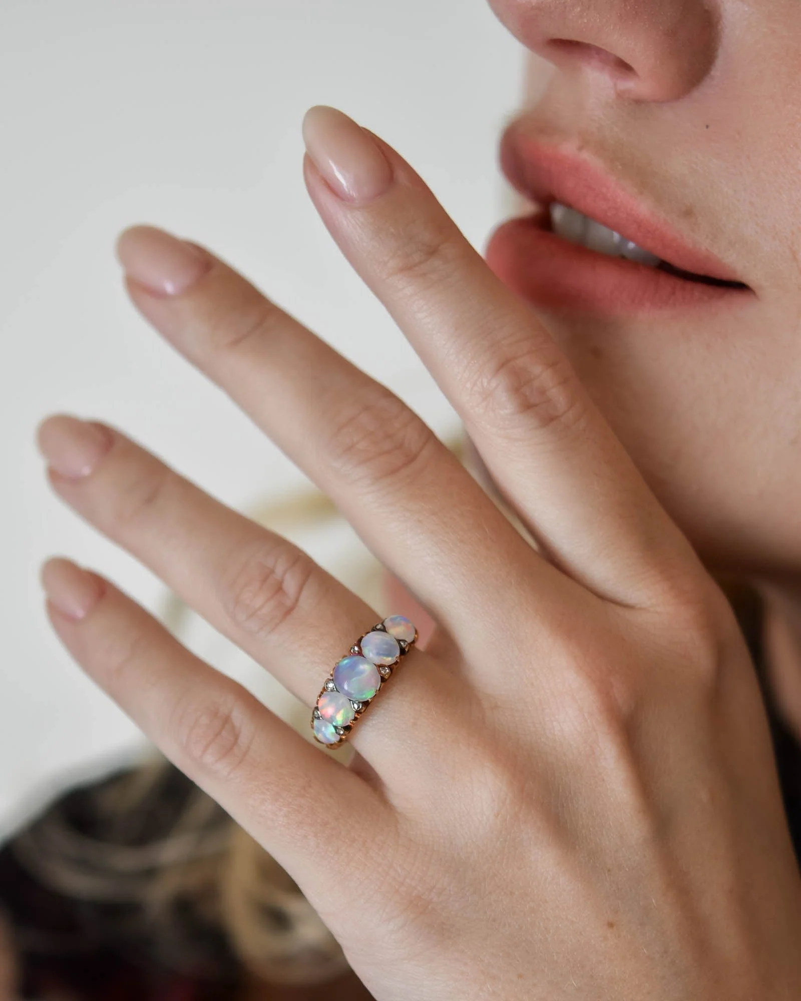 Victorian Opal & Rose Cut Diamond Carved Half Hoop Antique Ring - Image 2