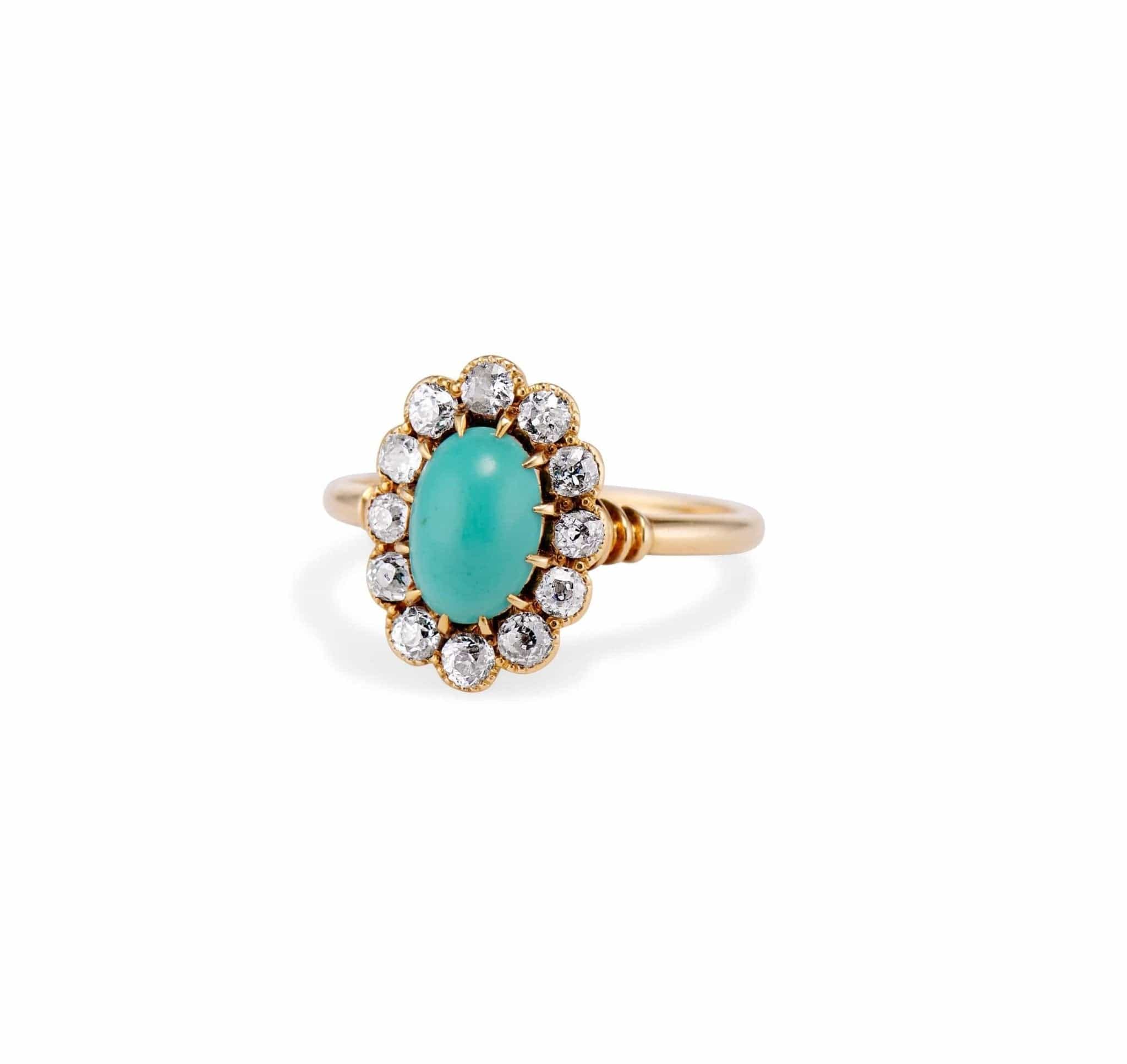 Victorian Oval Cabochon Turquoise and Diamond Cluster Ring - Image 2