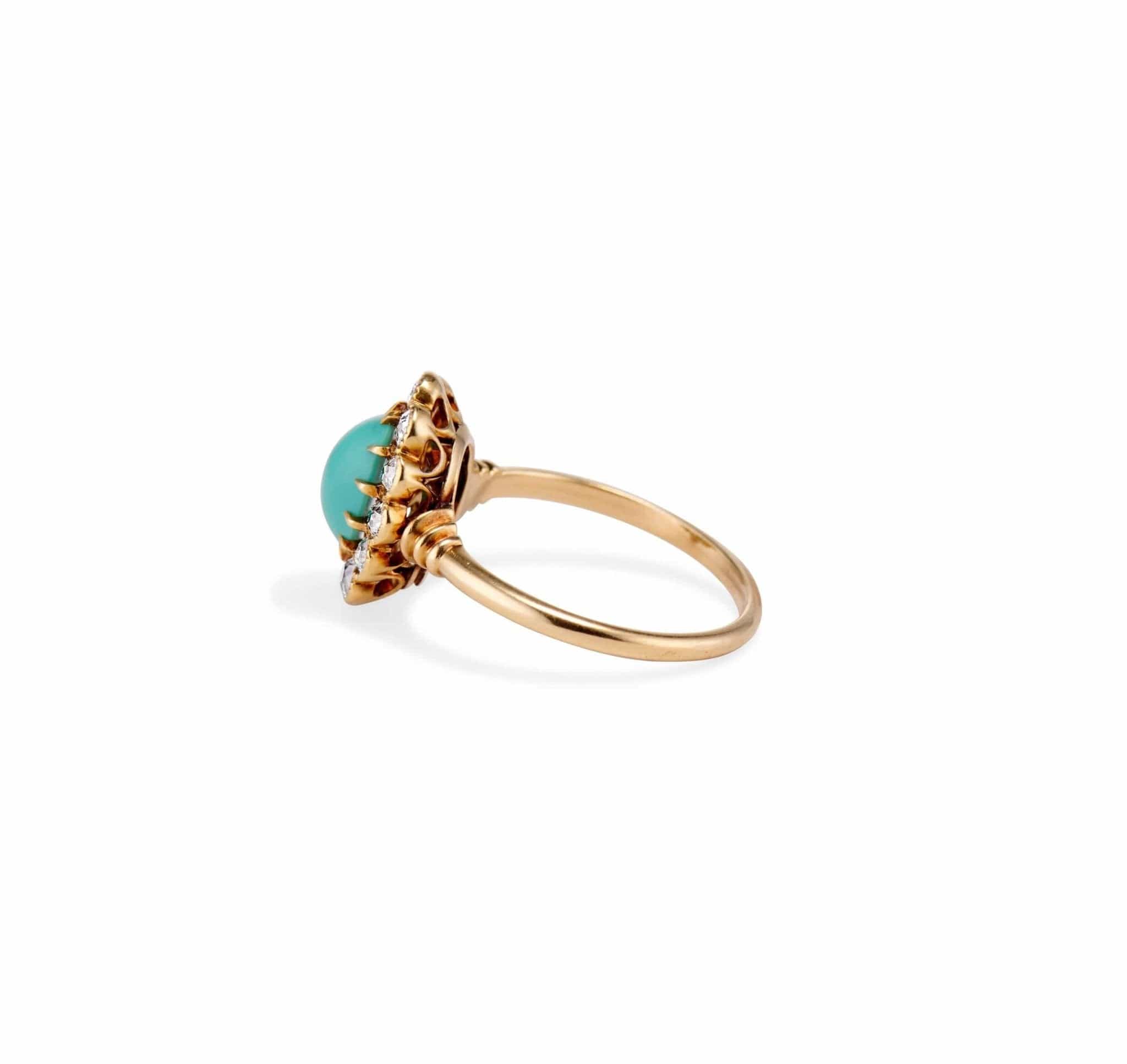Victorian Oval Cabochon Turquoise and Diamond Cluster Ring - Image 3