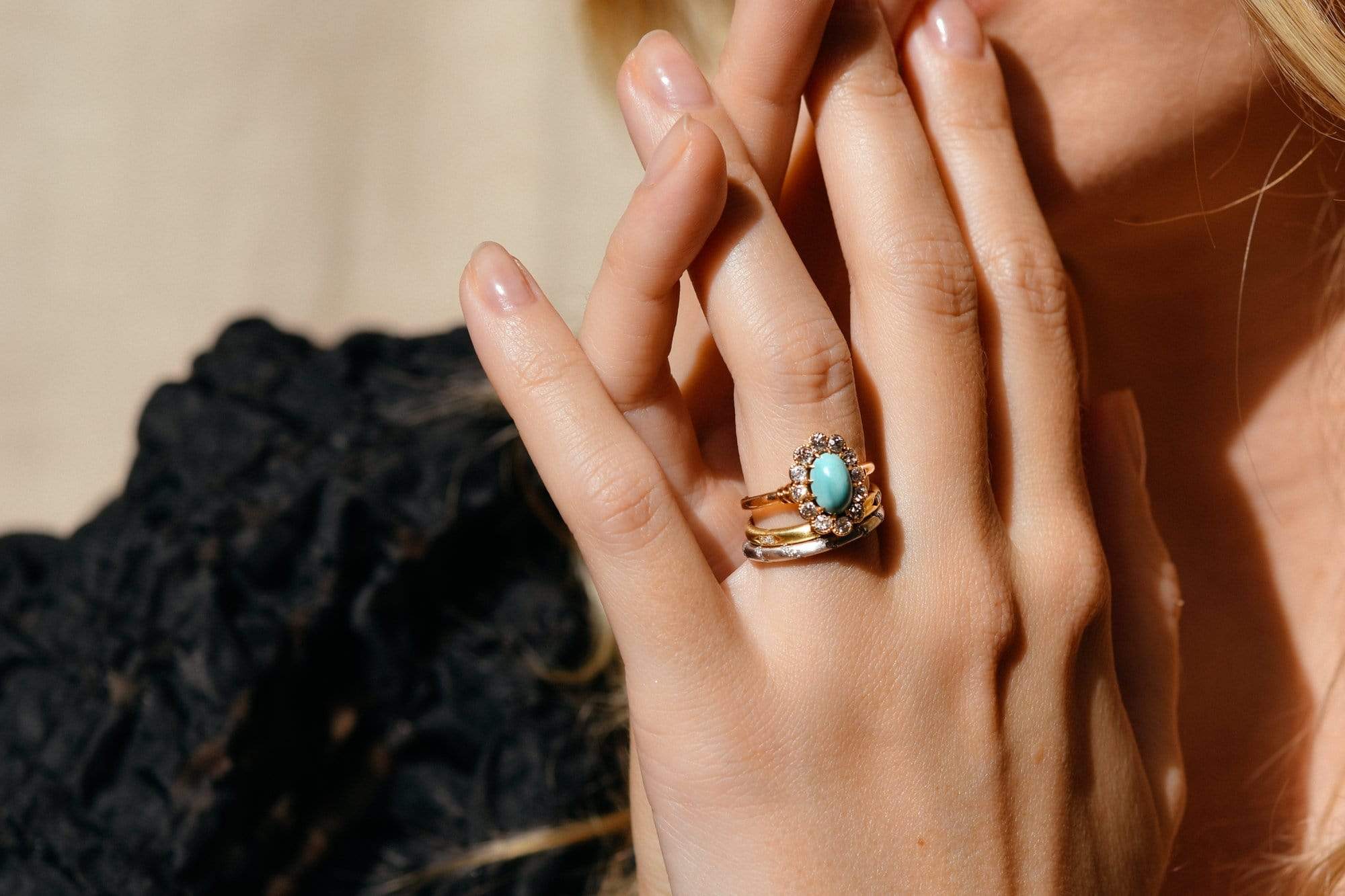 Victorian Oval Cabochon Turquoise and Diamond Cluster Ring - Image 5