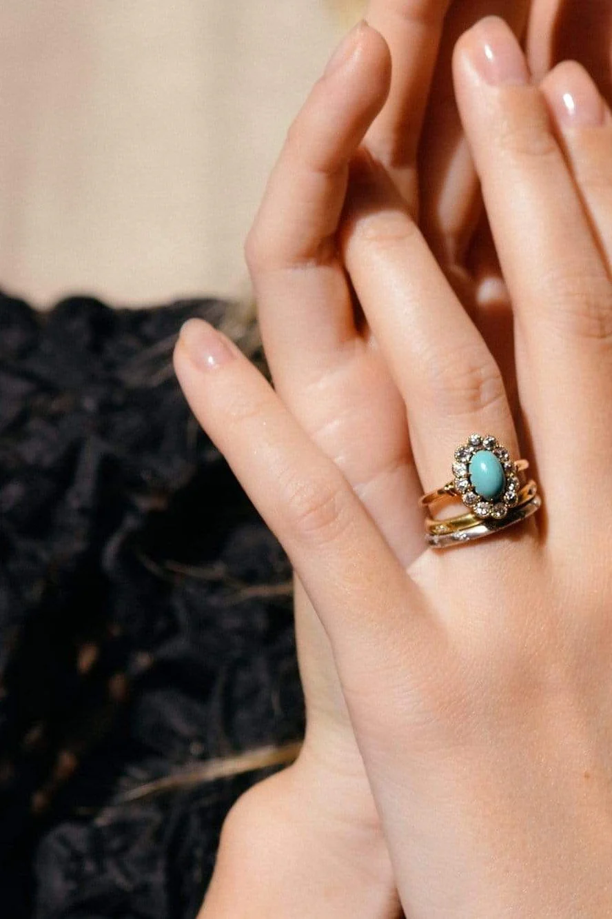 Victorian Oval Cabochon Turquoise and Diamond Cluster Ring - Image 6