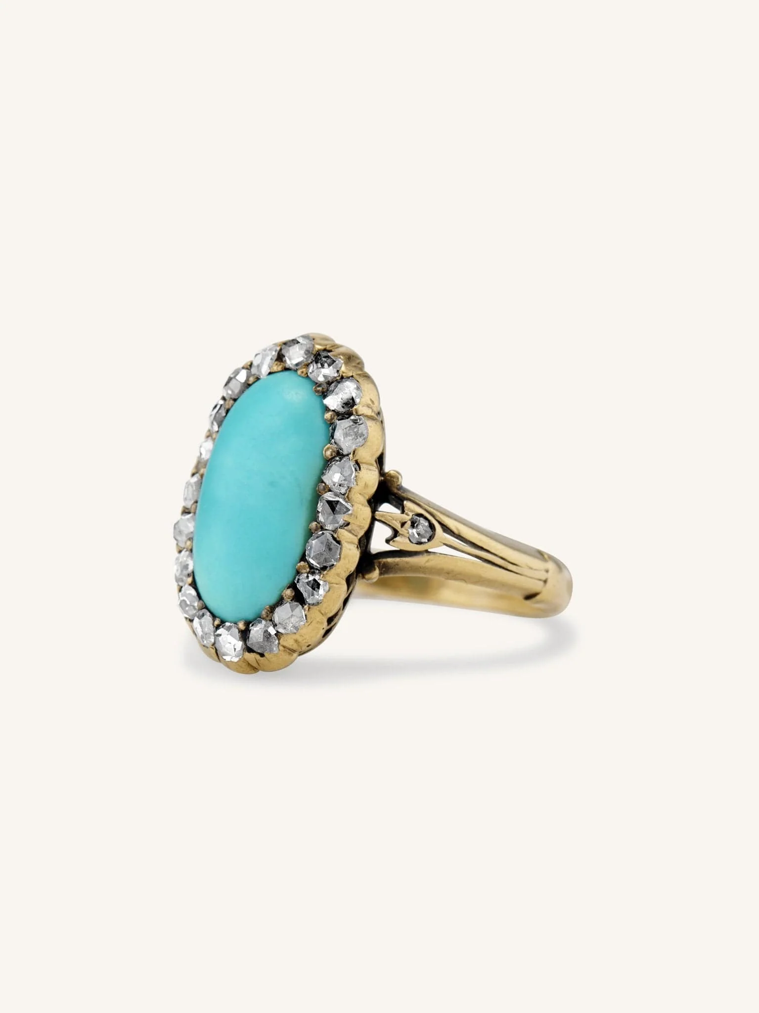 Victorian Oval Cabochon Turquoise & Diamond Cluster Ring - Image 2