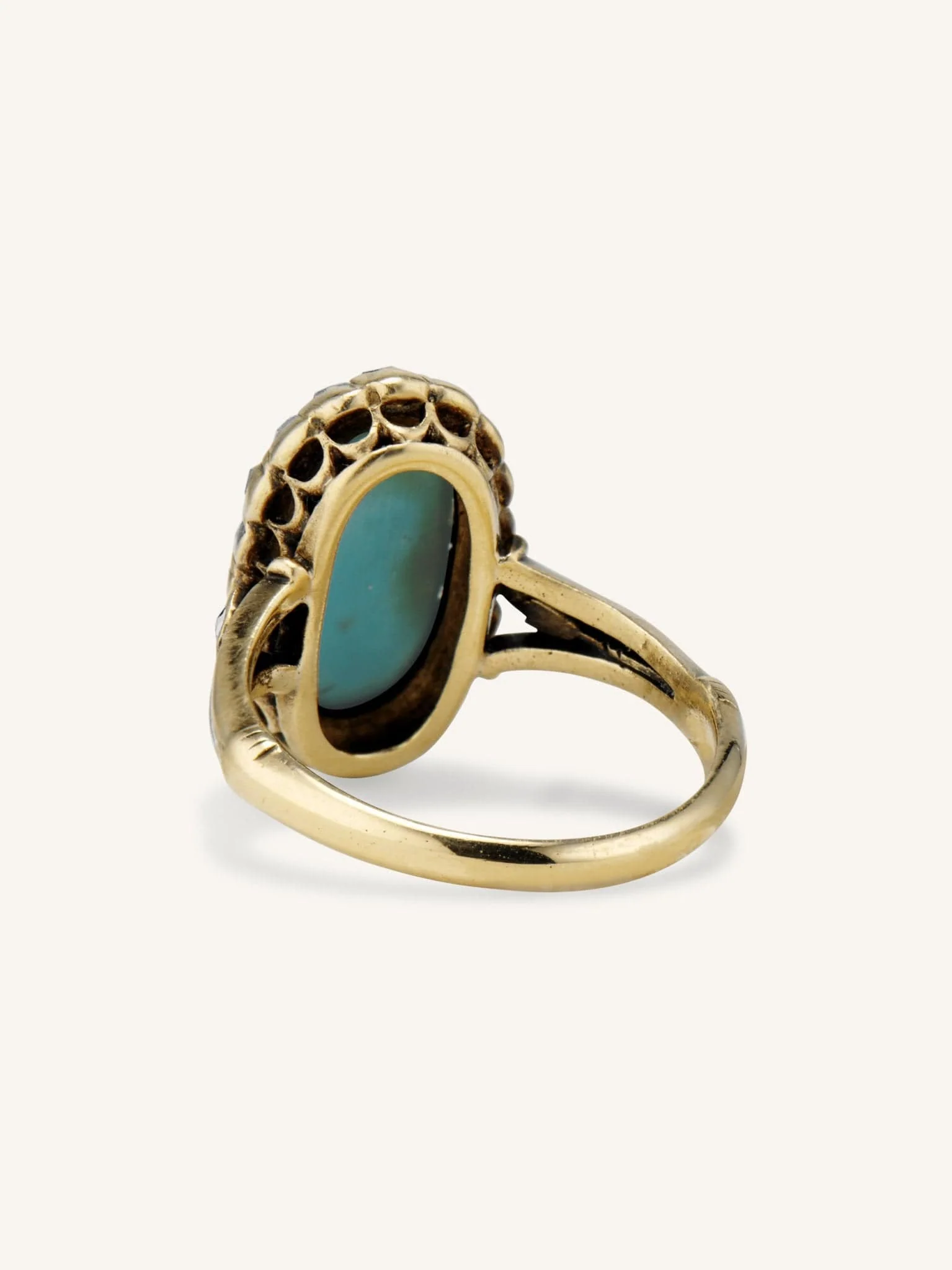 Victorian Oval Cabochon Turquoise & Diamond Cluster Ring - Image 3