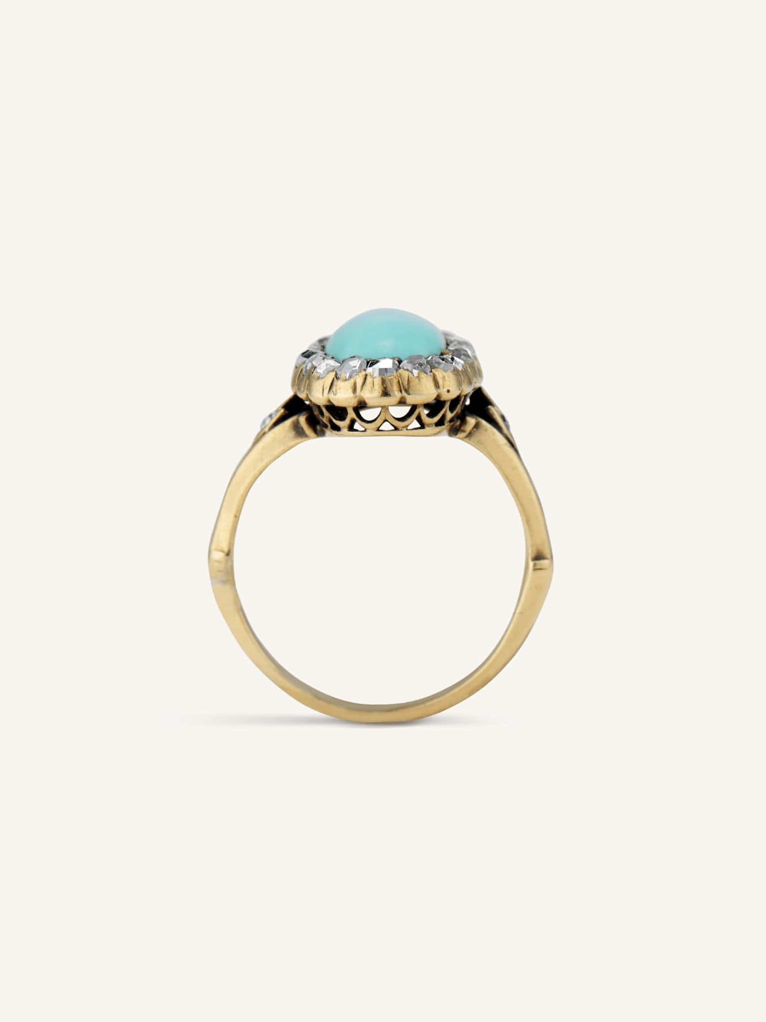 Victorian Oval Cabochon Turquoise & Diamond Cluster Ring - Image 4