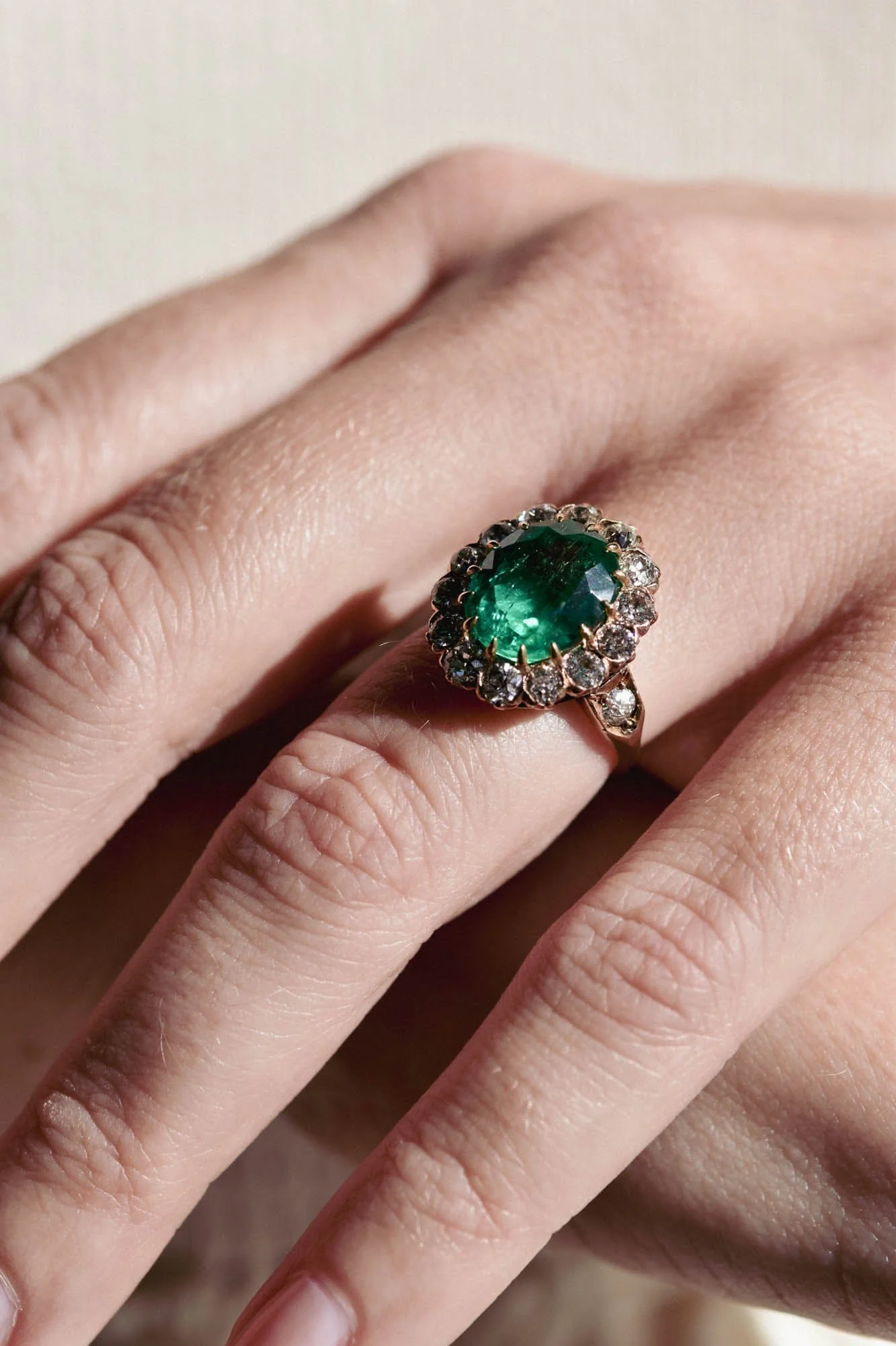 Victorian 4.49 Carat Oval Cut Colombian Emerald & Diamond Cluster Ring - Image 2