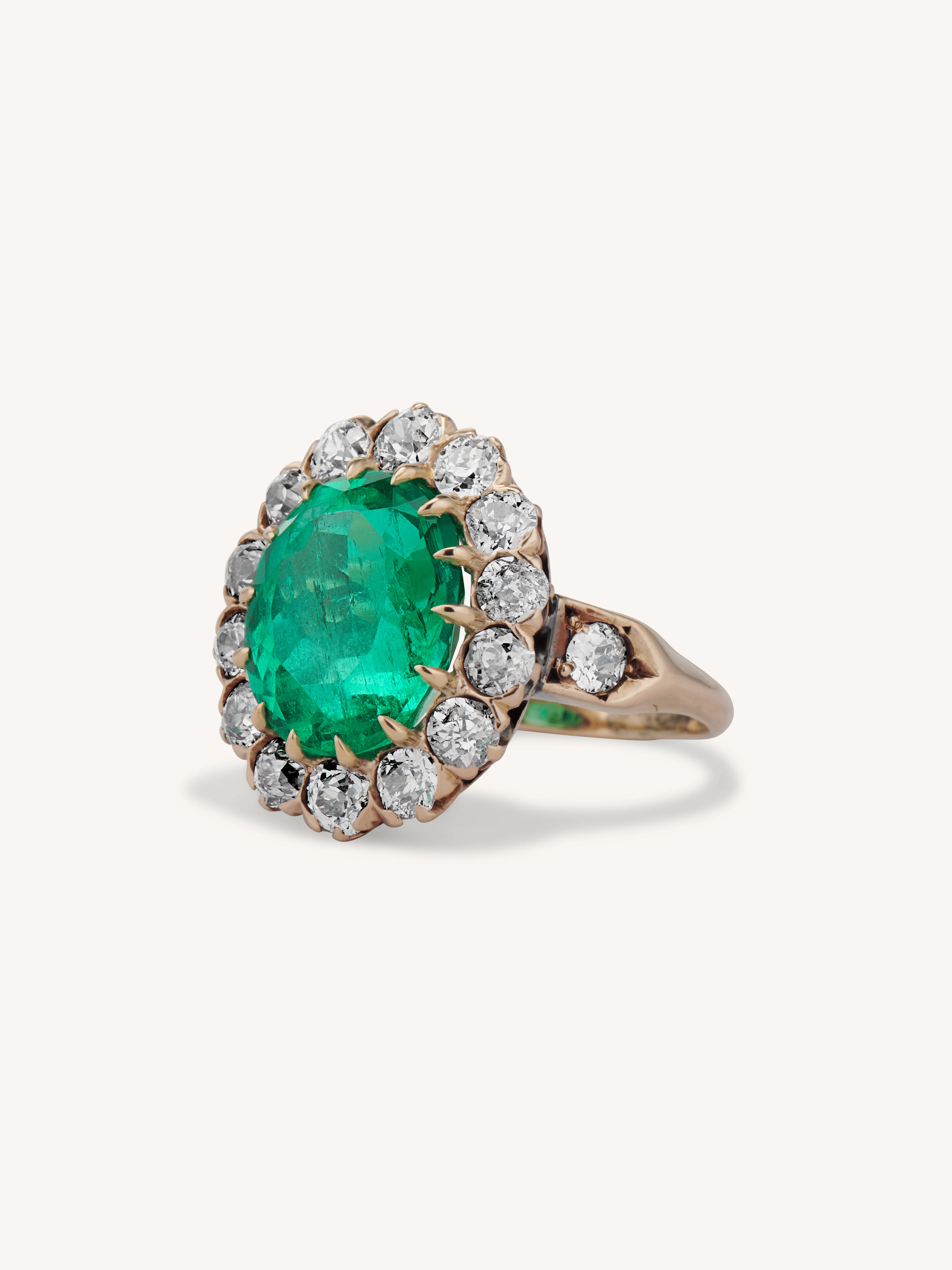 Victorian 4.49 Carat Oval Cut Colombian Emerald & Diamond Cluster Ring - Image 4